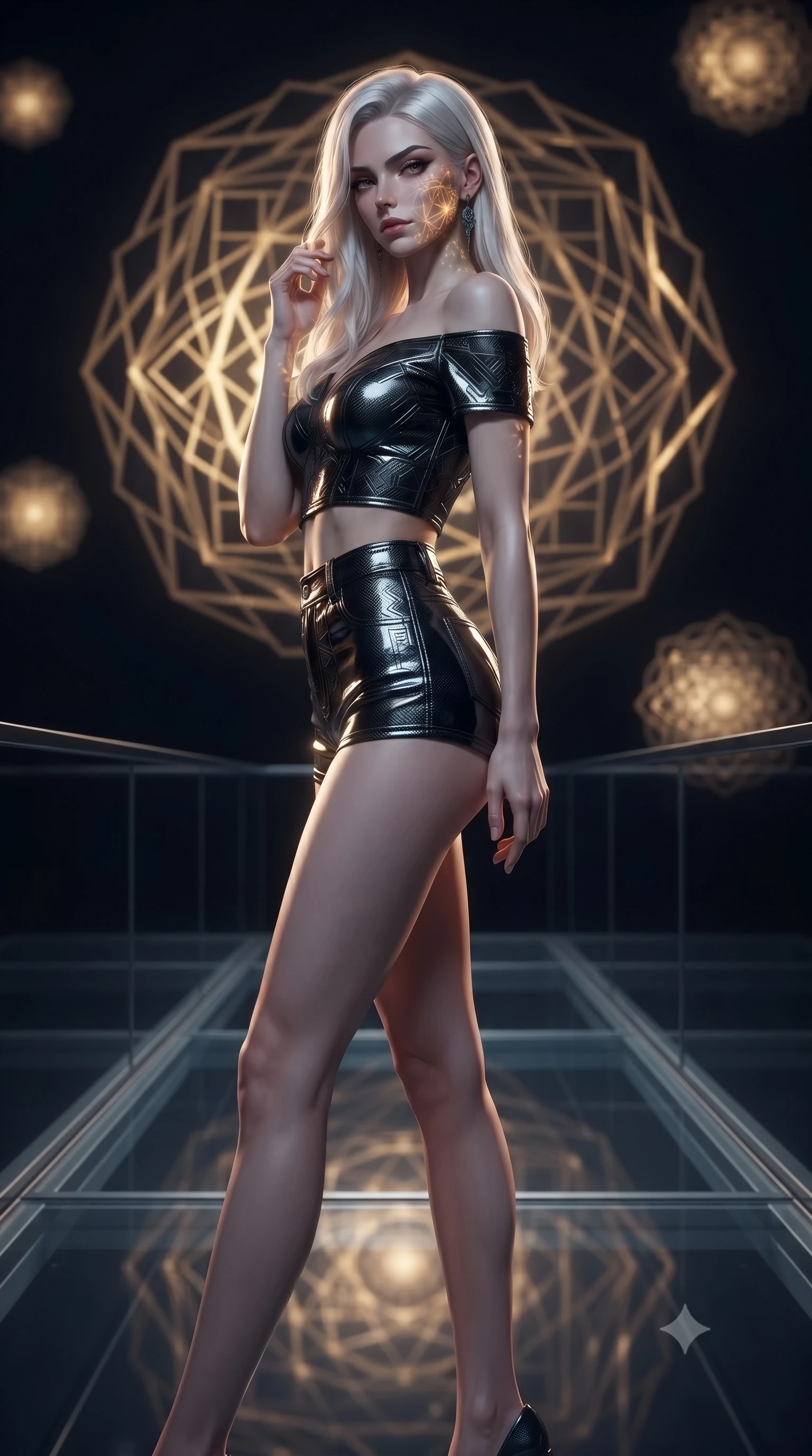 score_9, masterpiece, best quality, ultra-detailed, high-budget anime keyframe, editorial fashion photography, tasteful artistic composition, Caucasian woman. low angle full-body shot from head to toe showing her feet, filling the entire 9:16 vertical frame with her statuesque presence, stretching her vertical silhouette. walking slowly along a glass skybridge, looking back over her shoulder with an air of effortless grace, the background shows a soft-focus a void center with golden geometric mandalas floating in infinite space. She has an absolutely perfect, statuesque 8.5-heads proportion, an exceptionally tall and slender model-like female figure with impossibly long slender legs and an ultra-slim waist. sharp v-shaped jawline, high-bridge nose, intricate jewel-like eyes with depth, thick eyelashes, glossy lips with a natural sheen. wearing a tailored chic off-shoulder carbon-plate crop top, paired with high-waisted utility micro-shorts. golden geometric mandalas projecting warm light patterns across her form. ultra-reflective glossy finish, specular highlights, metallic sheen, high-contrast stereoscopic depth, volumetric dynamic lighting, 2k, ultra detail, master piece, 9:16 ratio