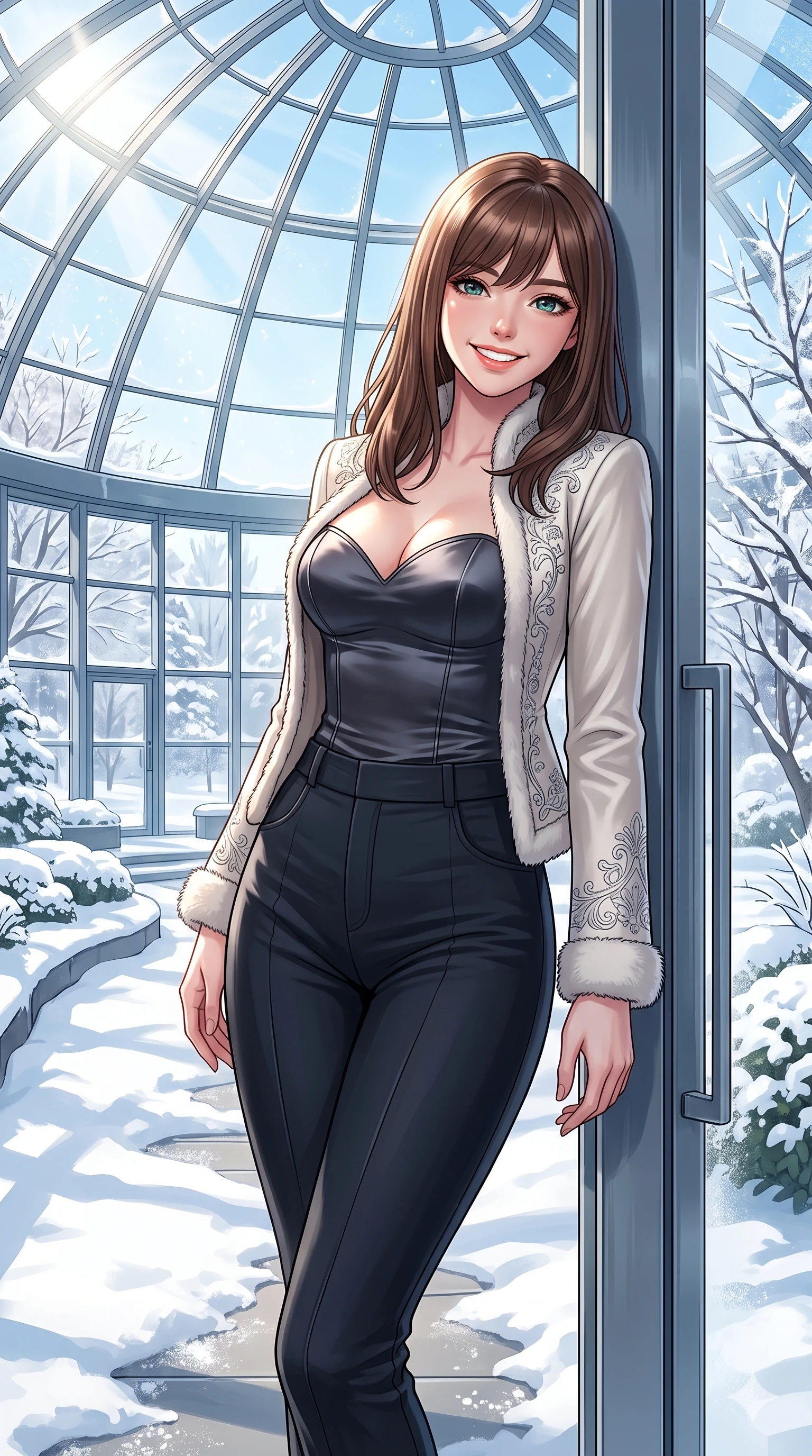 score_9, masterpiece, best quality, ultra-detailed, high-budget anime keyframe, vibrant anime aesthetic, Korean woman. cowboy shot from the thighs up, character and outfit filling the frame for maximum presence. She is leaning against a glass door, looking at the camera with a bright, friendly winter smile in snow inside a modern glass dome in the winter afternoon (Code-P21-177). She has an absolutely perfect 8-heads proportion, an exceptionally tall and slender female figure with impossibly long slender legs and an ultra-slim waist. V-shaped jawline, high-bridge nose, intricate jewel-like eyes with depth, thick eyelashes, glossy lips with a natural sheen. wearing a structured satin structured bodice with a sweetheart neckline and a delicate jacket in winter. She is illuminated by a brilliant midday winter sun, highlighting her athletic figure and smile. 2k, ultra detail, master piece, 9:16 ratio