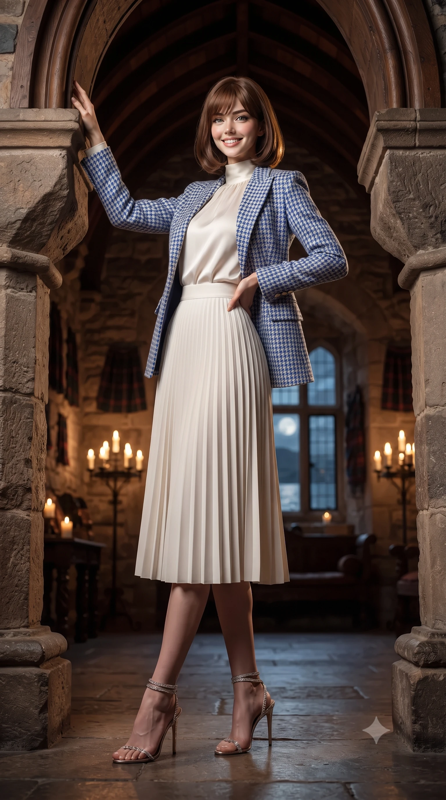 score_9, masterpiece, best quality, ultra-detailed, high-budget anime keyframe, editorial fashion photography, tasteful artistic composition, Caucasian woman. low angle full-body shot from head to toe showing her feet, filling the entire 9:16 vertical frame with her statuesque presence, stretching her vertical silhouette. standing tall beside the architectural column, one hand resting high while arching her lower back to emphasize her sculpted feminine hips and slender waist while standing poised between massive rough-hewn stone fireplace corbels beneath soaring timber barrel vaults, arching her lower back with sovereign supermodel grace as tallow candle chandeliers flicker in the draft. The background shows a soft-focus flickering iron candelabra chandeliers, antique Scottish clan tartans on stone walls, and moonlit Loch Duich waters through mullioned windows blurred into amber, emerald, and peat bokeh. She has an exceptionally tall and slender model-like 8.5-heads proportion, an ultra-slim waist, a flat toned midriff, narrow delicate ribcage, and beautifully sculpted feminine hips creating a graceful, slim hourglass silhouette without any bulky heaviness, with impossibly long slender legs. sharp v-shaped jawline, high-bridge nose, intricate jewel-like sparkling eyes with depth, thick eyelashes, glossy parted lips with a natural peach sheen, bright cheerful beaming smile with an enchanting and coquettish sensual glint, exuding both youthful cute charm and seductive allure, flawlessly proportioned anatomical accuracy, strict slender model proportions, natural body alignment, perfectly sculpted long slender limbs, ultra-slim waistline, clean dynamic posture without body distortion. wearing a bespoke Normandy houndstooth equestrian blazer draped over a high-neck silk crepe blouse and pleated midi skirt in Normandy Étretat alabaster chalk white and Atlantic cobalt, woven from structured British tweed with subtle metallic flecks, complemented by strappy stiletto sandals with crystal ankle wraps accentuating her slender calves, the bespoke structured tailoring following the natural line of her 8.5-heads silhouette with refined elegance. illuminated by slate floor reflection bounce and sharp copper-gold rim lights sculpting her razor-sharp jawline, narrow waist, and curvy hips. ultra-reflective glossy finish, specular highlights, rich textural contrasts, high-contrast stereoscopic depth, volumetric dynamic lighting, 2k, ultra detail, master piece, 9:16 ratio