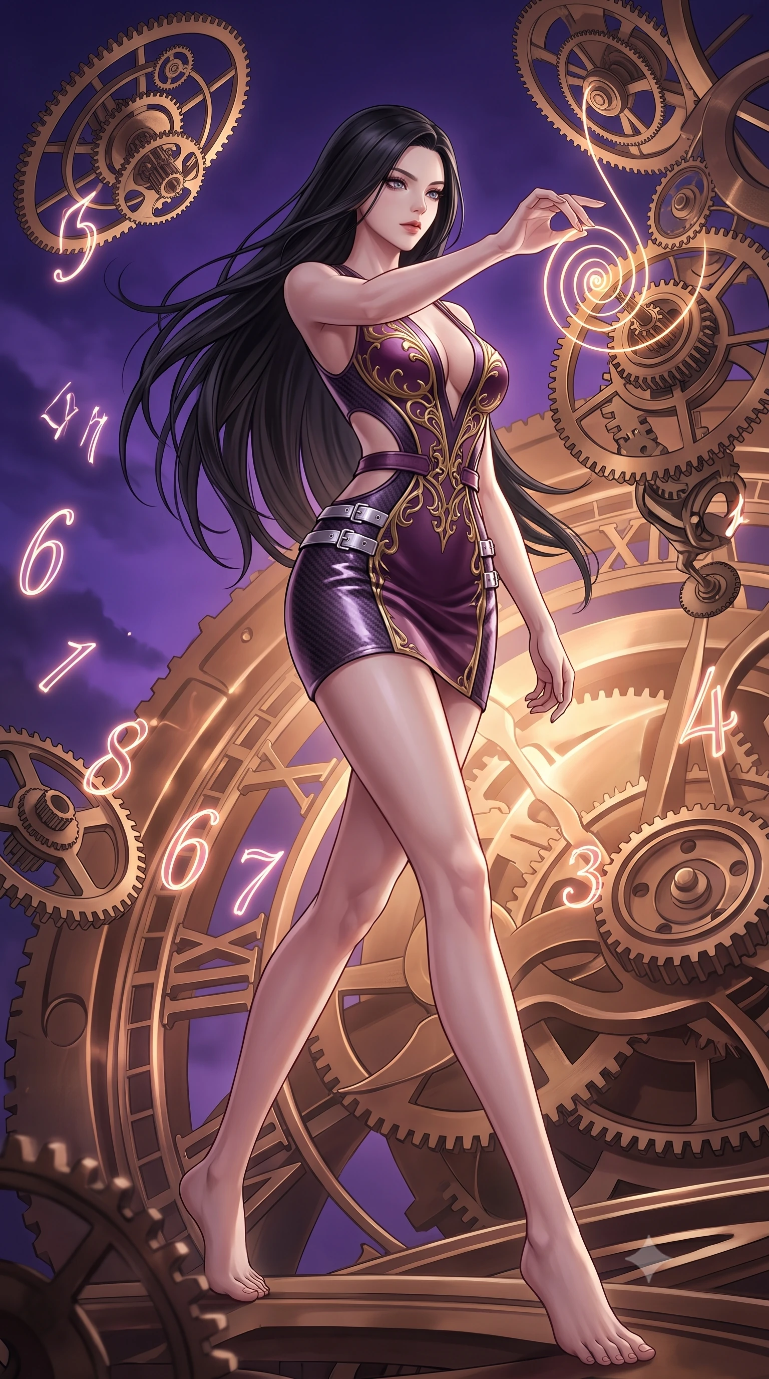 score_9, masterpiece, best quality, ultra-detailed, high-budget anime keyframe, editorial fashion photography, tasteful artistic composition, Korean woman. low angle full-body shot from head to toe showing her feet, filling the entire 9:16 vertical frame with her statuesque presence, stretching her vertical silhouette. stepping forward in a proud dynamic stride, her vertical silhouette filling the frame with statuesque presence while reaching forward to adjust a glowing clockwork spring wire in a storm of gear parts, glowing neon clock numbers floating in mid-air with vintage elegancy. She has an absolutely perfect, statuesque 8.5-heads proportion, an exceptionally tall and slender model-like female figure with impossibly long slender legs and an ultra-slim waist. sharp v-shaped jawline, high-bridge nose, intricate jewel-like eyes with depth, thick eyelashes, glossy lips with a natural sheen, flawlessly proportioned anatomical accuracy, natural body alignment, perfectly sculpted elegant limbs, clean dynamic posture without body distortion. wearing a liquid mercury gloss mini dress with ultra-deep V-neck and waist cutouts in plum purple and gold filigree, made of fine carbon-fiber weave and soft matte leather, detailed with polished silver buckles along the waistline, the tailored fabric tightly following every curve of her athletic build. surrounded by a contrast of deep violet sky and radiant bronze mechanical light. highly saturated vibrant anime colors, detailed shading with soft gradients, rich glossy textures, high-contrast stereoscopic depth, volumetric dynamic lighting, master piece, 9:16 ratio