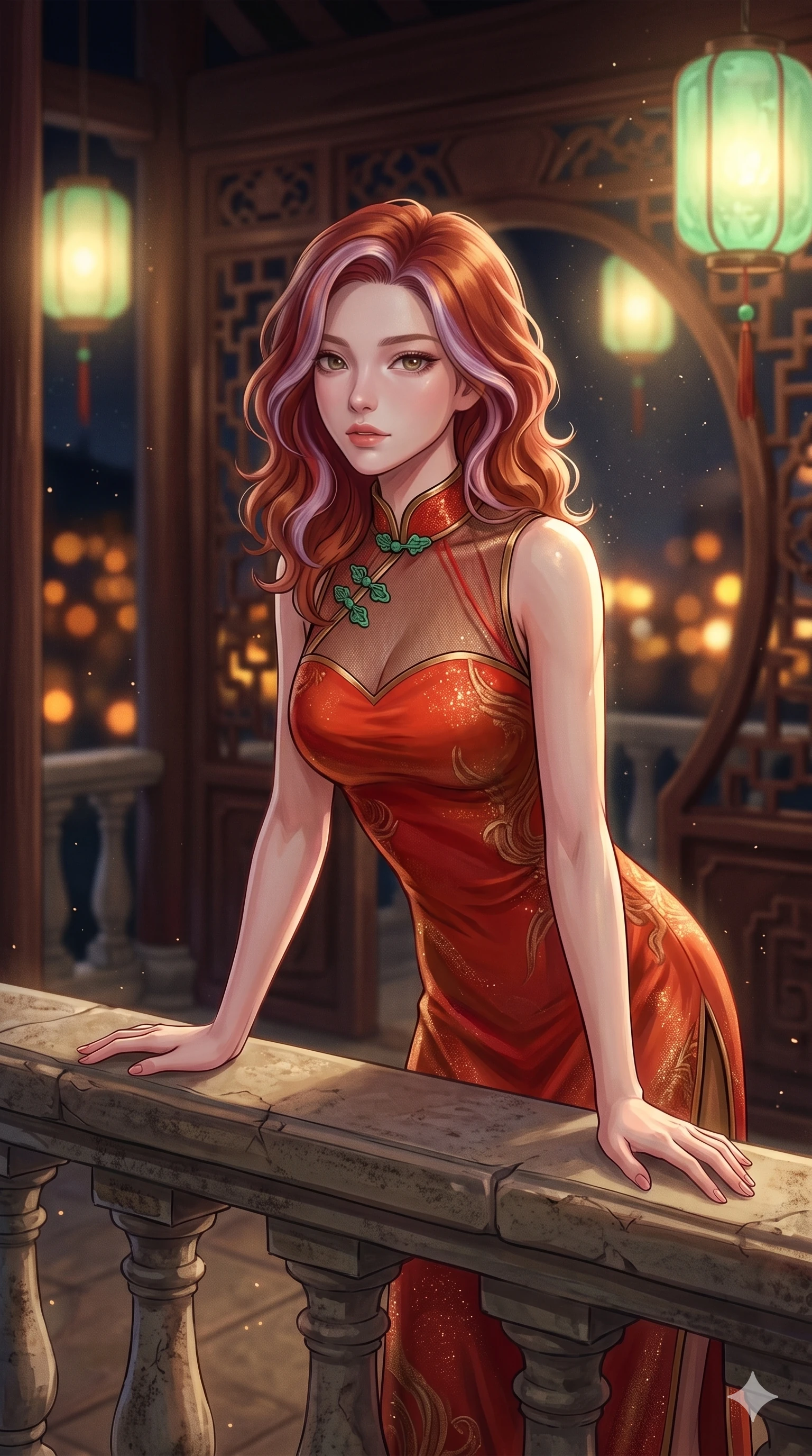 score_9, masterpiece, best quality, ultra-detailed, high-budget anime keyframe, semi-realistic 3D game render, editorial fashion photography, tasteful artistic composition, Caucasian woman. close-up cowboy shot from the waist and thighs up, the character dominates the composition, filling the frame with her large presence. leaning forward over the carved stone gothic balustrade, looking back with sleepy seductive bedroom-eyes as water reflections dance across her silhouette while twisting her slender torso in an alluring contrapposto stance, translucent jade lantern light and city skyline glows tracing her flat midriff and hourglass curves. The background shows a soft-focus hand-carved rosewood moon-gate screens, glowing green jade hanging lanterns, and silk embroidery scrolls blurred into jade, rosewood, and amber bokeh. She has an exceptionally elegant, slender, and willowy female figure with an ultra-slim waist, flat toned midriff, narrow ribcage, and sculpted feminine hips creating an alluring, slim hourglass silhouette without bulk. sharp v-shaped jawline, high-bridge nose, intricate jewel-like sparkling eyes with depth, thick eyelashes, glossy parted lips with a natural sheen, intensely captivating and seductive bedroom-eyes expression, exuding both youthful cute charm and sovereign luxury allure, flawlessly proportioned anatomical accuracy, strict slender model proportions, natural body alignment, perfectly sculpted long slender limbs, ultra-slim waistline, clean dynamic posture without body distortion. wearing an alluring plunging sweetheart bodice dress with sheer mesh side-waist cutouts contouring her ribs in imperial vermilion silk and warm bronze, crafted from stretch micro-mesh with liquid foil coating that shimmers with every movement, finished with sleek jade frog closures glinting along her high collar, the glove-like clinging cut tightly following the natural contour of her hips and long slender legs with youthful 8.5-heads elegance. illuminated by lacquer table bounce and sharp jade-gold rim lights sculpting her razor-sharp jawline, narrow waist, and curvy hips. highly saturated vibrant anime colors, detailed shading with soft gradients, rich glossy textures, high-contrast stereoscopic depth, volumetric dynamic lighting, master piece, 9:16 ratio