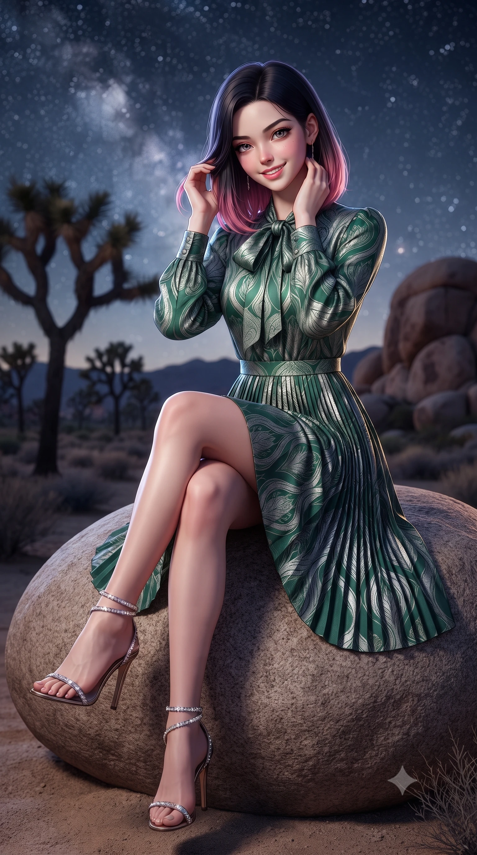 score_9, masterpiece, best quality, ultra-detailed, high-budget anime keyframe, editorial fashion photography, tasteful artistic composition, Korean woman. close-up cowboy shot from the waist and thighs up, the character dominates the composition, filling the frame with her large presence. gently brushing a lock of hair behind her ear while casting a playful, flirtatious side-gaze with long eyelashes while sitting perched on the smooth granite patio boulder with legs crossed, running one manicured hand slowly along her neck with magnetic poise. The background shows a soft-focus surreal silhouettes of twisted Joshua trees against the dense Milky Way starfield, giant weathered monzogranite boulders blurred into indigo, diamond, and topaz bokeh. She has an exceptionally elegant, slender, and willowy female figure with an ultra-slim waist, flat toned midriff, narrow ribcage, and sculpted feminine hips creating an alluring, slim hourglass silhouette without bulk. sharp v-shaped jawline, high-bridge nose, intricate jewel-like sparkling eyes with depth, thick eyelashes, glossy parted lips with a natural peach sheen, bright cheerful beaming smile with an enchanting and coquettish sensual glint, exuding both youthful cute charm and seductive allure, flawlessly proportioned anatomical accuracy, strict slender model proportions, natural body alignment, perfectly sculpted long slender limbs, ultra-slim waistline, clean dynamic posture without body distortion. wearing an elegant long-sleeve silk georgette tea dress with pleated A-line skirt and neck pussy-bow in Art Nouveau malachite green and antique starlight silver, crafted from bespoke double-faced cashmere with an exceptionally soft tactile finish, complemented by strappy stiletto sandals with crystal ankle wraps accentuating her slender calves, the bespoke structured tailoring following the natural line of her 8.5-heads silhouette with refined elegance. bathed in the brilliant silver starlight of the unpolluted Mojave sky contrasted with warm 2200K interior fireplace glows. ultra-reflective glossy finish, specular highlights, rich textural contrasts, high-contrast stereoscopic depth, volumetric dynamic lighting, 2k, ultra detail, master piece, 9:16 ratio