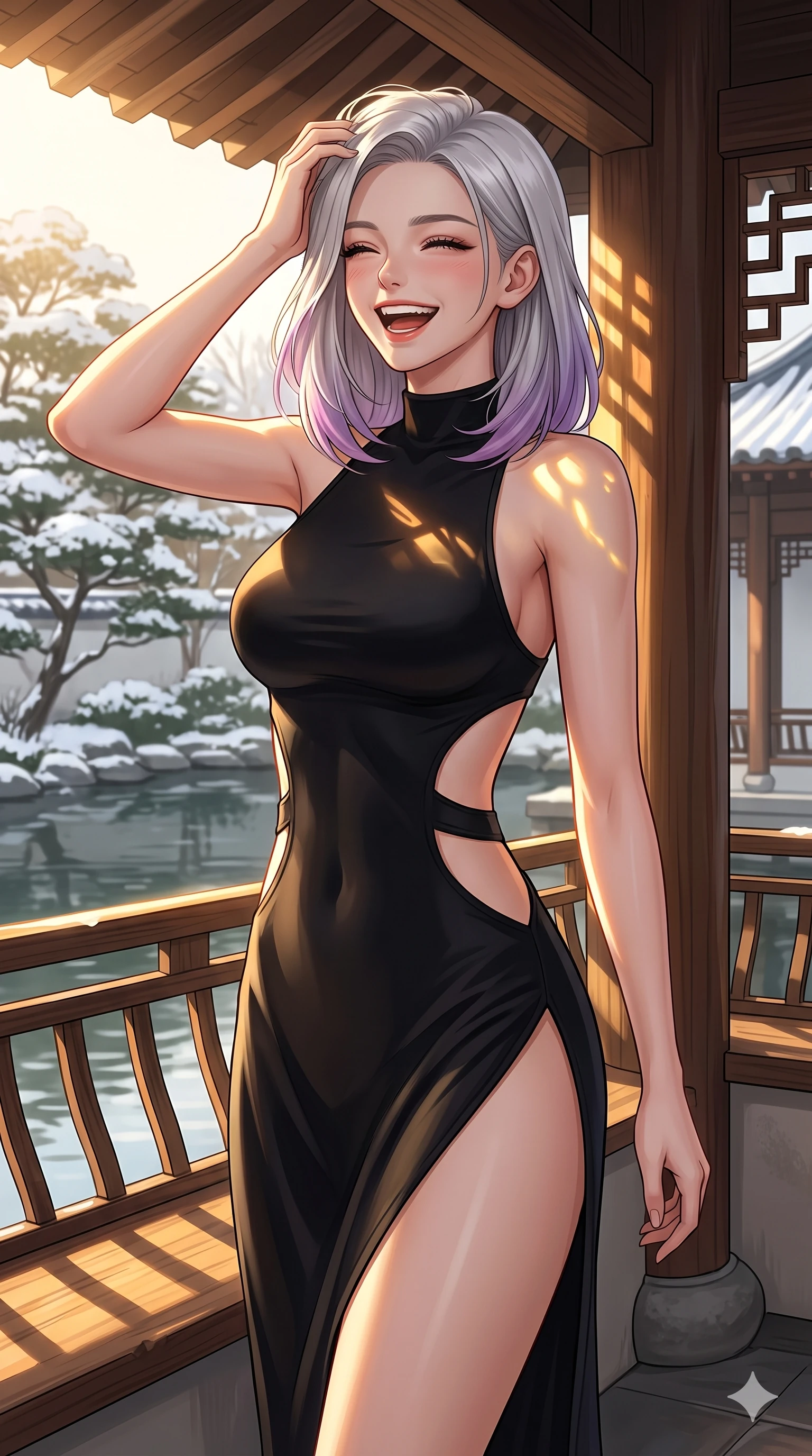 score_9, masterpiece, best quality, ultra-detailed, high-budget anime keyframe, vibrant anime aesthetic, Caucasian woman, strictly human ears. cowboy shot from the thighs up, character and outfit filling the frame for maximum presence. She is laughing happily while running her fingers through her hair in the winter sun by a quiet outdoor tea pavilion with warm sunbeams (Code-P21-095). She has an absolutely perfect 8-heads proportion, an exceptionally tall and slender female figure with impossibly long slender legs and an ultra-slim waist. V-shaped jawline, high-bridge nose, intricate jewel-like eyes with depth, thick eyelashes, glossy lips with a natural sheen. wearing a bodycon dress with side cut-outs and high-slit in winter. She is drenched in warm morning winter sunshine, tracing the elegant lines of her shoulders. 2k, ultra detail, master piece, 9:16 ratio