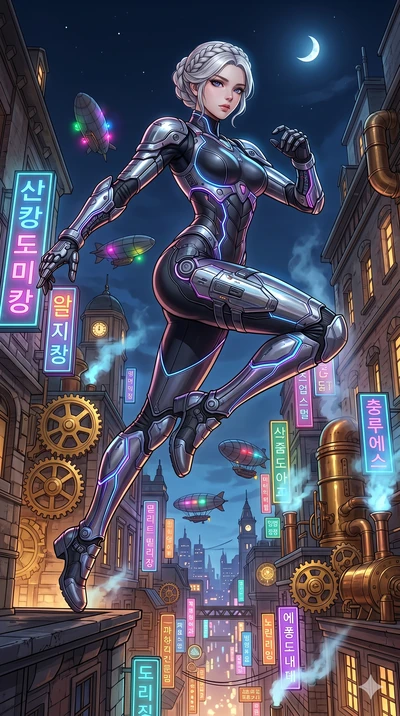 score_9, masterpiece, best quality, ultra-detailed, Set C: High-budget Anime Keyframe, Korean woman. Low angle cowboy shot filling the entire 9:16 frame with her statuesque presence. Leaping across the rooftops of a steampunk city at night with neon 
