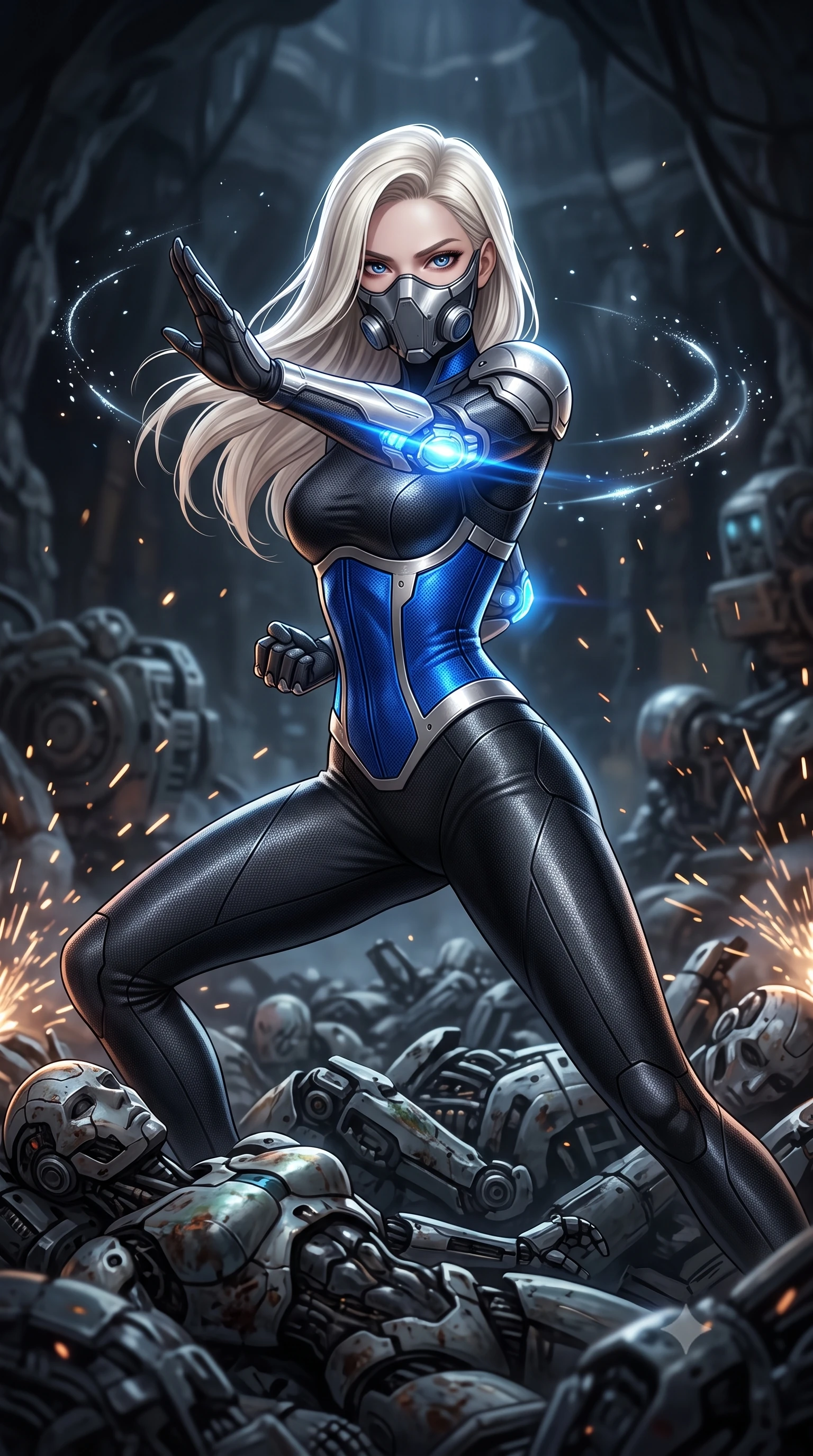 score_9, masterpiece, best quality, ultra-detailed, high-budget anime keyframe, semi-realistic 3D game render, editorial fashion photography, tasteful artistic composition, Caucasian woman. close-up cowboy shot from the waist and thighs up, the character dominates the composition, filling the frame with her large presence. twisting her upper body in a dynamic S-curve martial arts stance, cybernetic elbow dampers glowing with blue energy as she aims a focused palm strike while standing poised atop a mountain of discarded cybernetic android chassis in a vast subterranean industrial cavern. The composition keeps background elements in soft focus with creamy bokeh. sparkling sonar pulse rings and grinding metal sparks scattering light motes across a dark cavern backdrop. She has an exceptionally elegant, slender, and willowy female figure with an ultra-slim waist, a gracefully sculpted slender torso, toned flat midriff, and a refined slim silhouette. sharp v-shaped jawline, high-bridge nose, intricate jewel-like eyes with depth, thick eyelashes, glossy lips with a natural sheen, fierce and resolute heroine expression, flawlessly proportioned anatomical accuracy, strict slender model proportions, natural body alignment, perfectly sculpted long slender limbs, ultra-slim waistline, clean dynamic posture without body distortion. wearing a sleek titanium half-face combat rebreather guard protecting her lower jaw while leaving her expressive eyes and long hair flowing freely, paired with a statuesque high-fashion cyber-warrior armor suit with platinum bevels, heavy articulated shoulder guards, and an ultra-slim waist-cinching corset in electric cobalt blue carbon with brushed platinum tactical trim, made of liquid carbon-jersey fabric accentuating every curve of her tall, slender model proportions, finished with high-mobility flexible armor articulation seams and miniature magnetic locks, the liquid-tight tailored fabric emphasizing every curve of her tall, slender model proportions and sculptured silhouette during dynamic movement. surrounded by a gritty, dangerous, and irresistibly powerful cybernetic queen of the underworld aura. rich saturated anime colors with glowing neon highlights, detailed shading with soft gradients, rich glossy textures, high-contrast stereoscopic depth, volumetric dynamic lighting, master piece, 9:16 ratio