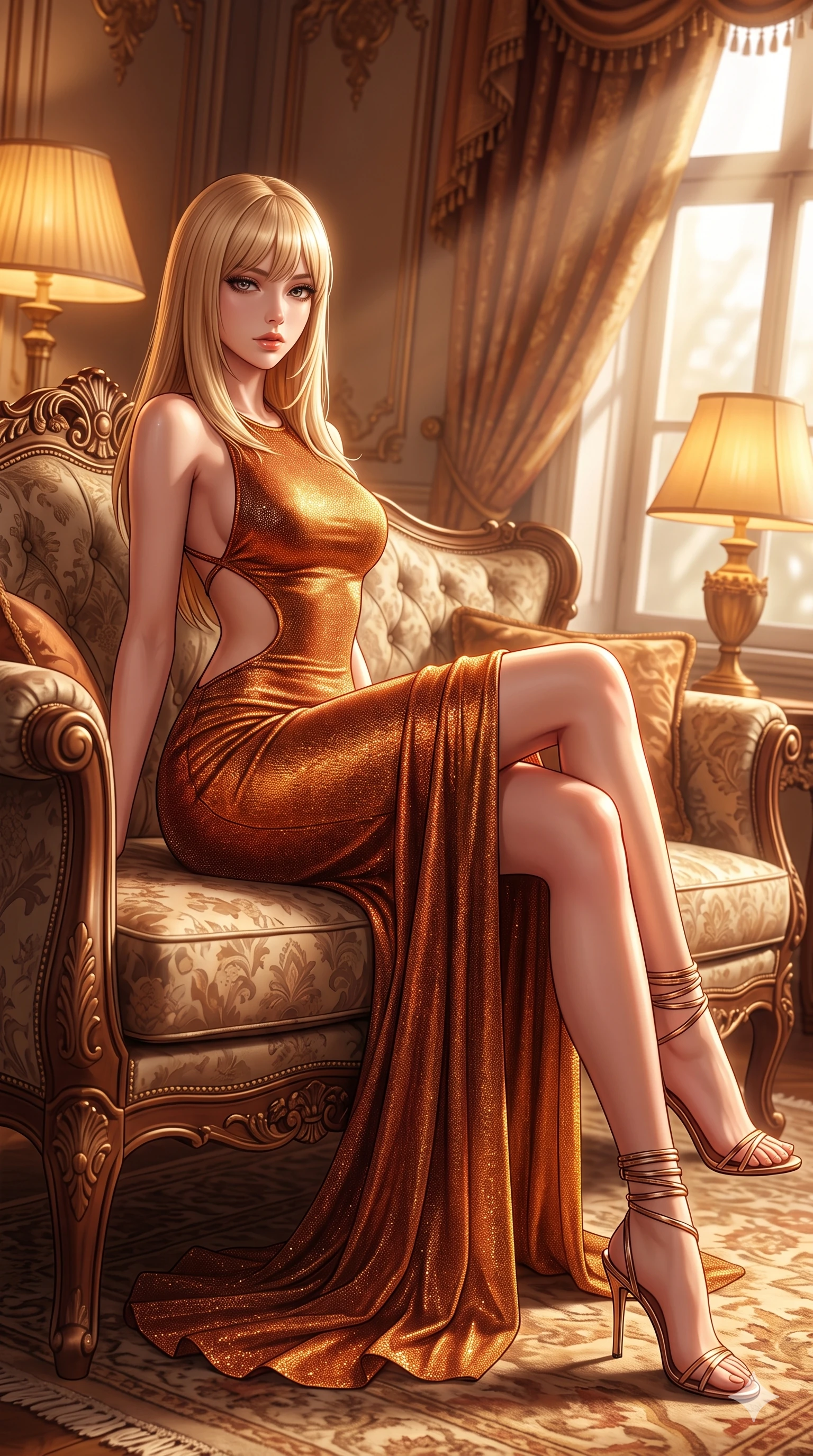 score_9, masterpiece, best quality, ultra-detailed, high-budget anime keyframe, semi-realistic 3D game render, editorial fashion photography, tasteful artistic composition, Japanese woman. low angle full-body shot from head to toe showing her feet, filling the entire 9:16 vertical frame with her statuesque presence, stretching her vertical silhouette. reclining on her side in an elegant Cleopatra pose with one knee drawn up, the dramatic contour of her rounded hips and long slender legs commanding the 9:16 vertical frame while perched sideways on the vintage settee, one knee drawn up to showcase her slender leg line while her arched back accentuates her feminine hip curve. The surrounding environment is rendered in vivid detail and crisp panoramic clarity: detailed mermaid gown tailoring, open-waist architecture, and aristocratic interior furnishings in razor-sharp precision. She has an exceptionally tall and slender model-like 8.5-heads proportion, an ultra-slim waist, a flat toned midriff, narrow delicate ribcage, and beautifully sculpted feminine hips creating a graceful, slim hourglass silhouette without any bulky heaviness, with impossibly long slender legs. sharp v-shaped jawline, high-bridge nose, intricate jewel-like sparkling eyes with depth, thick eyelashes, glossy parted lips with a natural sheen, intensely captivating and seductive bedroom-eyes expression, exuding both youthful cute charm and sovereign luxury allure, flawlessly proportioned anatomical accuracy, strict slender model proportions, natural body alignment, perfectly sculpted long slender limbs, ultra-slim waistline, clean dynamic posture without body distortion. wearing a body-contouring metallic lurex knit column dress casting radiant starlight shimmer across her flat midriff in rich copper bronze and warm amber, made of fluid liquid jersey with seamless sculpting hold and smooth contours, complemented by strappy stiletto sandals with metallic ankle wraps accentuating her slender calves, the bespoke structured tailoring following the natural line of her 8.5-heads silhouette with refined elegance. bathed in the soft, intimate warm 2700K ambient light of silk-shaded table lamps mixed with angled window sunbeams. highly saturated vibrant anime colors, detailed shading with soft gradients, rich glossy textures, high-contrast stereoscopic depth, volumetric dynamic lighting, master piece, 9:16 ratio