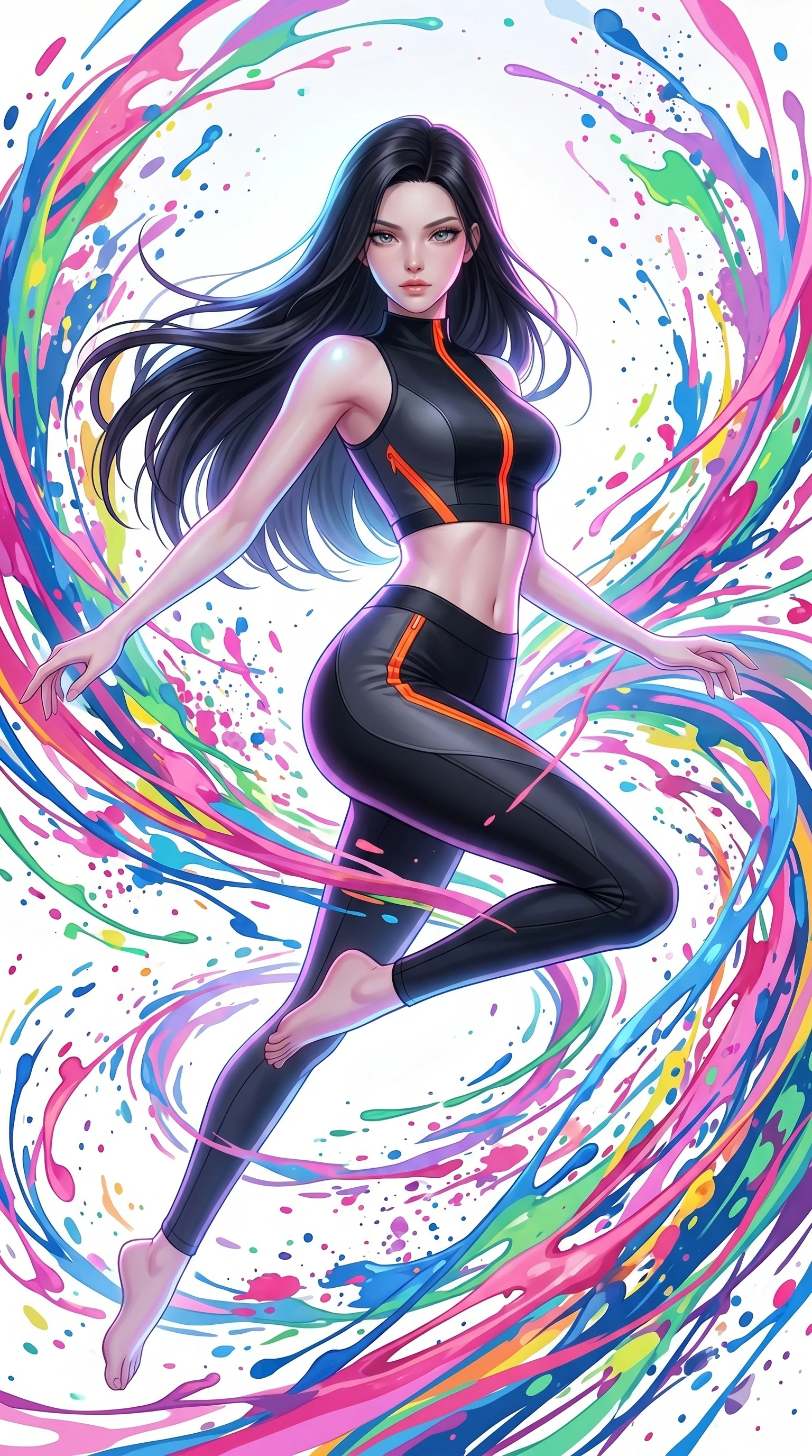 score_9, masterpiece, best quality, ultra-detailed, high-budget anime keyframe, Caucasian woman, strictly human ears. upper body close-up from the thighs up, character filling the screen for maximum presence. leaping into a vorticist paint splatter dimension where thousands of vivid acrylic paint ribbons and splatters swirl around her in a white gallery void. She has an absolutely perfect 8-heads proportion, an exceptionally tall and slender female figure with impossibly long slender legs and an ultra-slim waist. V-shaped jawline, high-bridge nose, intricate jewel-like eyes with depth, thick eyelashes, glossy lips with a natural sheen.. wearing a second-skin neoprene cyber-athleisure set, featuring a tight crop top and leggings with fluorescent orange zipper accents and side slash panels. enhanced by a luminous pastel spectrum glow, casting elegant rim lights on her shoulders and jawline. 2k, ultra detail, master piece, 9:16 ratio