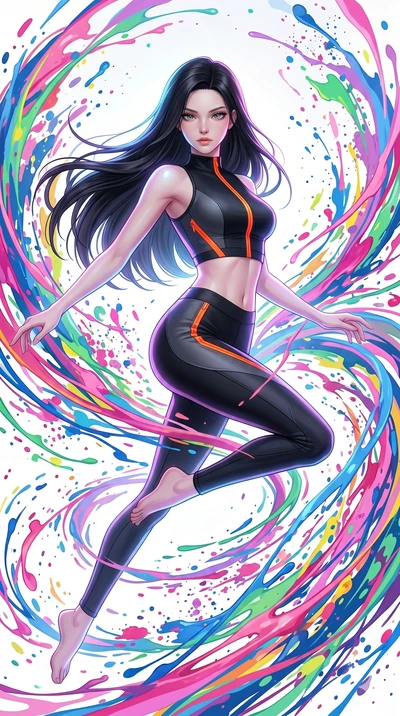 score_9, masterpiece, best quality, ultra-detailed, high-budget anime keyframe, Caucasian woman, strictly human ears. upper body close-up from the thighs up, character filling the screen for maximum presence. leaping into a vorticist paint splatter d