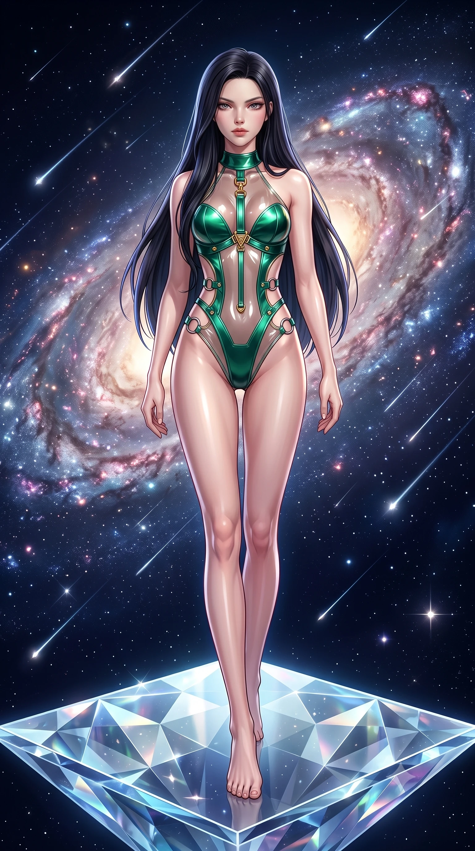 score_9, masterpiece, best quality, ultra-detailed, high-budget anime keyframe, semi-realistic 3D game render, editorial fashion photography, tasteful artistic composition, Korean woman. low angle full-body shot from head to toe showing her feet, filling the entire 9:16 vertical frame with her statuesque presence, stretching her vertical silhouette. striding forward in a proud, statuesque motion with a dangerous smolder, her vertical silhouette dominating the frame from head to toe while floating weightlessly on an open diamond-glass platform suspended in the vacuum of space amidst a swirling spiral galaxy. The surrounding environment is rendered in vivid detail and crisp panoramic clarity. razor-sharp diamond crystal facet edges, glowing galactic arm filaments, and shooting star trails in deep focus. She has an absolutely perfect, statuesque 8.5-heads proportion, an exceptionally tall and slender model-like female figure with impossibly long slender legs, a toned flat midriff, and an ultra-slim waist. sharp v-shaped jawline, high-bridge nose, intricate jewel-like eyes with depth, thick eyelashes, glossy lips with a natural sheen, flawlessly proportioned anatomical accuracy, strict slender model proportions, natural body alignment, perfectly sculpted long slender limbs, ultra-slim waistline, clean dynamic posture without body distortion. wearing a high-cut translucent vinyl leotard with front paneling, exposed side-rib cutouts, and an open back in bright emerald green satin and gold hardware, crafted from ultra-reflective second-skin latex with a high-gloss glass-like polish, detailed with polished silver rings connecting the daring side-waist cutouts, the liquid-tight tailored fabric emphasizing every curve of her tall, slender model proportions and sculptured silhouette during dynamic movement. illuminated by crisp diamond-specular highlights tracing her sculpted collarbones, waist, and slender limbs. highly saturated vibrant anime colors, detailed shading with soft gradients, rich glossy textures, high-contrast stereoscopic depth, volumetric dynamic lighting, master piece, 9:16 ratio