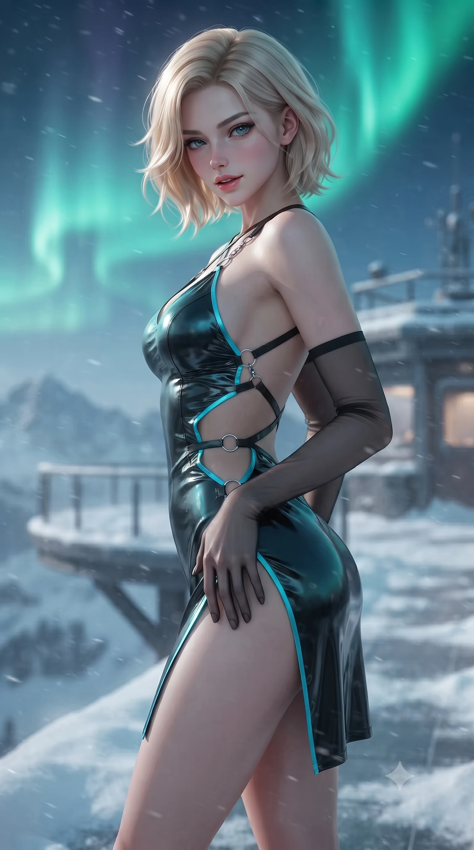 score_9, masterpiece, best quality, ultra-detailed, high-budget anime keyframe, editorial fashion photography, tasteful artistic composition, Caucasian woman. close-up cowboy shot from the waist and thighs up, the character dominates the composition, filling the frame with her large presence. tilting her head with a teasing half-smile, running one hand slowly down the side of her hip in a flirtatious S-curve as ambient light caresses her silhouette while standing poised on the snow-dusted cantilevered observation deck beneath a shimmering emerald aurora curtain, arching her spine with ethereal warrior poise. The background shows a soft-focus fine wind-whipped powder snow softened in high-altitude mountain outpost shallow focus. She has an exceptionally elegant, slender, and willowy female figure with an ultra-slim waist, flat toned midriff, narrow ribcage, and sculpted feminine hips creating an alluring, slim hourglass silhouette without bulk. sharp v-shaped jawline, high-bridge nose, intricate jewel-like sparkling eyes with depth, thick eyelashes, glossy parted lips with a natural peach sheen, bright cheerful beaming smile with an enchanting and coquettish sensual glint, exuding both youthful cute charm and seductive allure, flawlessly proportioned anatomical accuracy, strict slender model proportions, natural body alignment, perfectly sculpted long slender limbs, ultra-slim waistline, clean dynamic posture without body distortion. wearing a backless liquid foil flight mini dress with criss-cross spinal straps and daring high side slit in tactical obsidian black and high-voltage cyan, adorned with delicate chrome ring hardware and cutouts along her slender waist, complemented by sheer opera-length evening gloves tracing her slender arms, the liquid-tight tailored fabric clinging flawlessly to her narrow waist and rounded feminine hips, emphasizing every millimeter of her sculpted slim hourglass curves without any bulky heaviness. illuminated by snow crust reflection bounce and sharp aurora-emerald rim lights sculpting her jawline, narrow waist, and curvy hips. ultra-reflective glossy finish, specular highlights, rich textural contrasts, high-contrast stereoscopic depth, volumetric dynamic lighting, 2k, ultra detail, master piece, 9:16 ratio