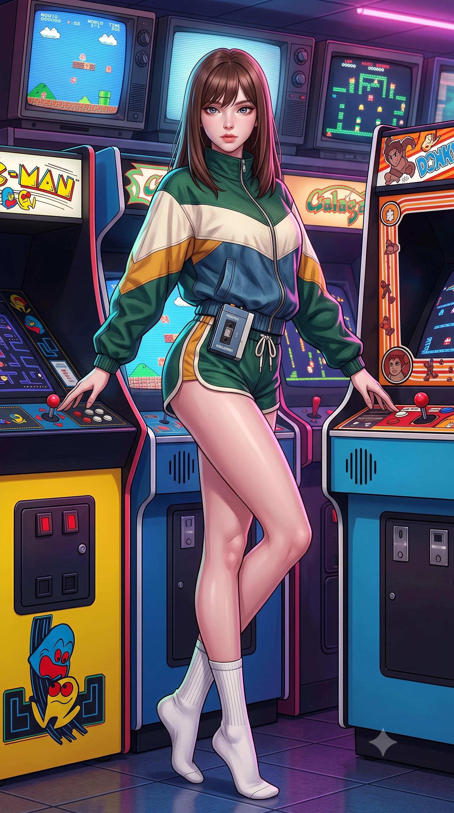 score_9, masterpiece, best quality, ultra-detailed, high-budget anime keyframe, semi-realistic 3D game render, editorial fashion photography, tasteful artistic composition, Korean woman. low angle full-body shot from head to toe showing her feet, filling the entire 9:16 vertical frame with her statuesque presence, stretching her vertical silhouette. landing lightly on the balls of her feet in a balanced kinetic stance, eyes locked onto the camera with fearless allure while pivoting dynamically between colorful arcade cabinets as 8-bit CRT screens flash vibrant pixel art across her stylish outfit. The surrounding environment is rendered in vivid detail and crisp panoramic clarity. sharp CRT monitor scanlines, coin-op joystick and button details, and retro Walkman metallic casing in deep focus. She has an absolutely perfect, statuesque 8.5-heads proportion, an exceptionally tall and slender model-like female figure with impossibly long slender legs, a toned flat midriff, and an ultra-slim waist. sharp v-shaped jawline, high-bridge nose, intricate jewel-like eyes with depth, thick eyelashes, glossy lips with a natural sheen, captivating and magnetic expression, flawlessly proportioned anatomical accuracy, strict slender model proportions, natural body alignment, perfectly sculpted long slender limbs, ultra-slim waistline, clean dynamic posture without body distortion. wearing a sporty 80s retro track jacket paired with high-waisted dolphin running shorts and tube socks in forest green, cream, and mustard yellow, made of premium heavyweight washed denim and breathable cotton poplin, accessorized with a vintage portable cassette Walkman clipped to her waistband, the sleek tailored cut tightly hugging her graceful clavicle, narrow waist, and feminine curves with statuesque precision. surrounded by a playful, energetic, and delightfully charming 80s arcade sweetheart aura. highly saturated vibrant anime colors, detailed shading with soft gradients, rich glossy textures, high-contrast stereoscopic depth, volumetric dynamic lighting, master piece, 9:16 ratio