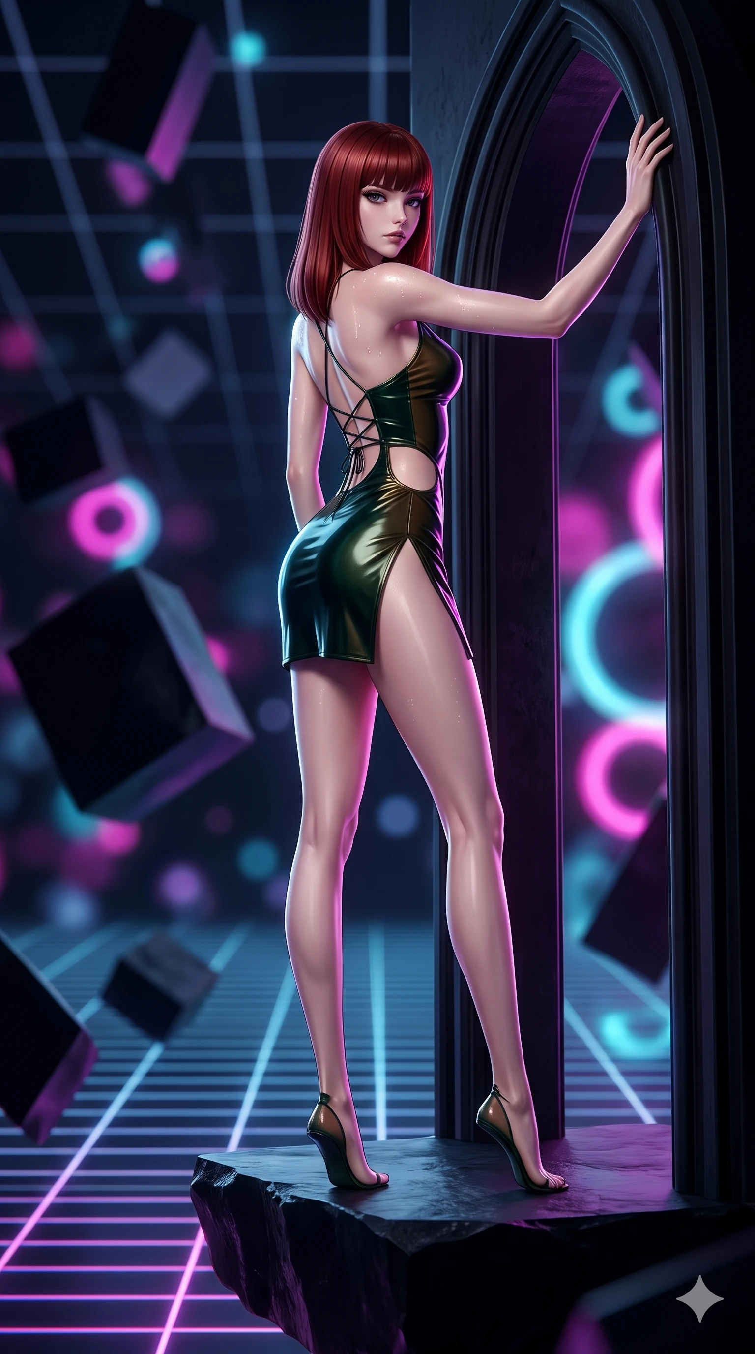score_9, masterpiece, best quality, ultra-detailed, high-budget anime keyframe, semi-realistic 3D game render, editorial fashion photography, tasteful artistic composition, Caucasian woman. low angle full-body shot from head to toe showing her feet, filling the entire 9:16 vertical frame with her statuesque presence, stretching her vertical silhouette. standing tall beside the towering gothic arch, one hand resting high while arching her lower back to emphasize her sculpted feminine curves while standing poised on the edge of a floating obsidian megalith suspended over an infinite neon grid, arching her back with sovereign cyberpunk grace. The background shows a soft-focus tumbling obsidian geometric slabs, endless deep-space perspective grid lines, and glowing neon ring nodes blurred into magenta, cyan, and pitch-black bokeh. She has an absolutely perfect, statuesque 8.5-heads proportion, an exceptionally tall and slender model-like female figure with impossibly long slender legs, an ultra-slim waist, a flat toned midriff, narrow delicate ribcage, and beautifully sculpted feminine hips creating a graceful, slim hourglass silhouette without any bulky heaviness. sharp v-shaped jawline, high-bridge nose, intricate jewel-like dark sparkling eyes with hypnotic seductive depth, thick curled eyelashes, glossy parted lips with a natural wine sheen, alluring bedroom-eyes with an enigmatic smoldering smile, exuding magnetic sovereign charisma and dark avant-garde glamour, flawlessly proportioned anatomical accuracy, strict slender model proportions, natural body alignment, perfectly sculpted long slender limbs, ultra-slim waistline, clean dynamic posture without body distortion. wearing a liquid-look wet vinyl micro-mini dress clinging like a second skin with hip-high side cutouts in dark emerald green and antique bronze, featuring fine criss-cross satin back lacing tracing her slender spine, finished with glistening moisture droplets beading across her sculpted shoulders and flat midriff, the high-slit wrap tailoring accentuating her ultra-slim waistline and the enchanting curve of her feminine hips with alluring seductive charm. illuminated by floating neon grid upward bounce and sharp ultraviolet rim lights defining her razor-sharp jawline, narrow waist, and curvy hips. highly saturated vibrant anime colors, detailed shading with soft gradients, rich glossy textures, high-contrast stereoscopic depth, volumetric dynamic lighting, master piece, 9:16 ratio