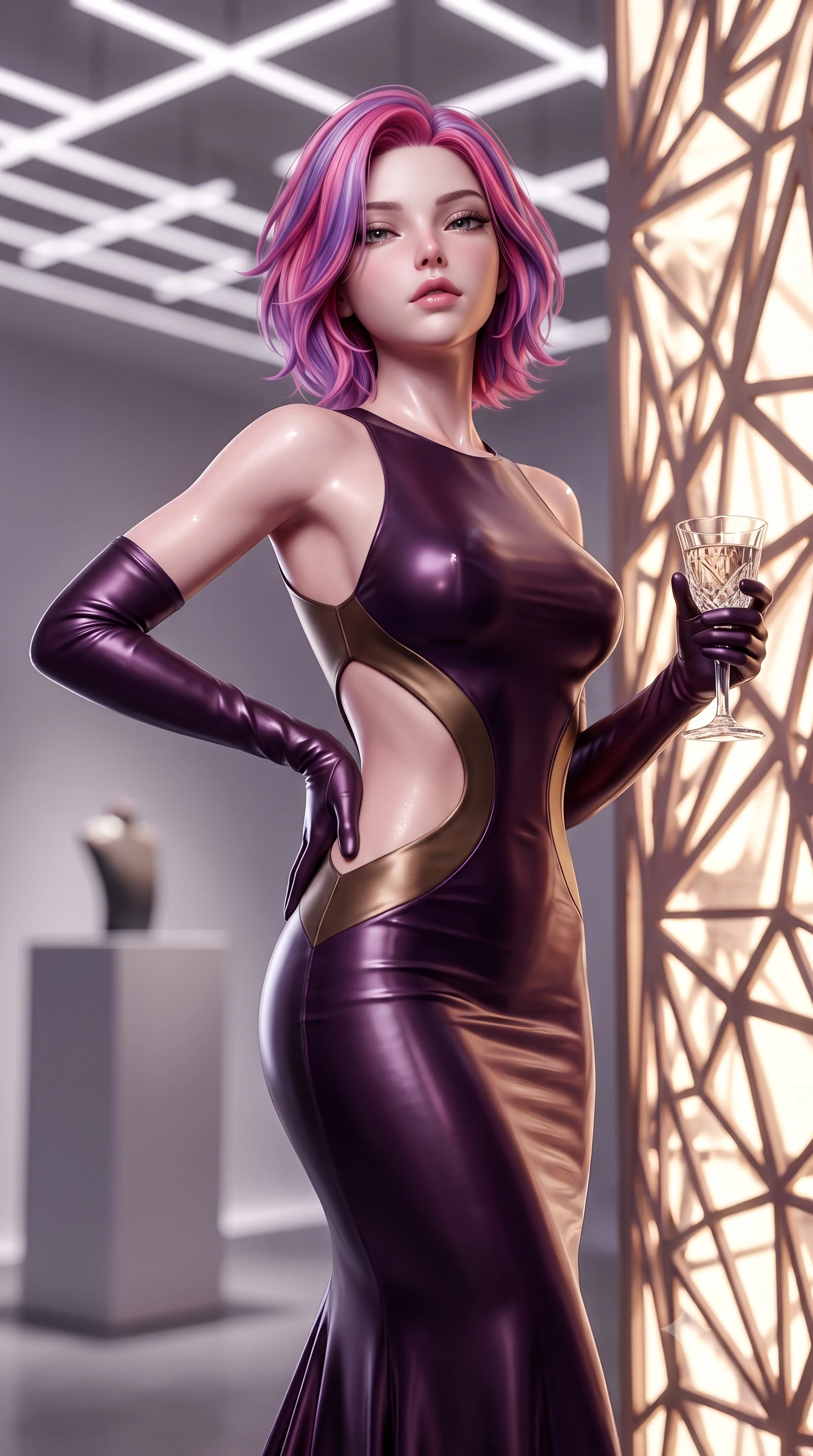 score_9, masterpiece, best quality, ultra-detailed, high-budget anime keyframe, semi-realistic 3D game render, editorial fashion photography, tasteful artistic composition, Caucasian woman. close-up cowboy shot from the waist and thighs up, the character dominates the composition, filling the frame with her large presence. tilting her chin up with proud, sovereign allure while gazing through thick eyelashes, one hand resting on her waist in pure supermodel charisma while standing poised beside a glowing geometric art installation, twisting her slender torso in an alluring contrapposto stance in the designer light. The composition keeps background elements in soft focus with creamy bokeh. minimalist fashion pedestals and linear ceiling lighting grids softened in ultra-chic editorial shallow focus. She has an exceptionally elegant, slender, and willowy female figure with an ultra-slim waist, flat toned midriff, narrow ribcage, and sculpted feminine hips creating an alluring, slim hourglass silhouette without bulk. sharp v-shaped jawline, high-bridge nose, intricate jewel-like eyes with depth, thick eyelashes, glossy parted lips with a natural sheen, intensely captivating and seductive bedroom-eyes expression, flawlessly proportioned anatomical accuracy, strict slender model proportions, natural body alignment, perfectly sculpted long slender limbs, ultra-slim waistline, clean dynamic posture without body distortion. wearing a sculptured liquid-satin mermaid gown with an architectural open-waist cutout and bare spine in deep plum violet and antique bronze, tailored from second-skin aerodynamic stretch vinyl with specular wet sheen, accessorized with opera-length satin gloves and a vintage crystal glass, the form-contouring material adhering flawlessly to her sculpted flat midriff and slender torso, emphasizing her long leg lines and perfectly proportioned willowy build. illuminated by crisp crystal facet specular glints sharply defining her sculpted collarbones, ultra-slim waist, and curvy hips. highly saturated vibrant anime colors, detailed shading with soft gradients, rich glossy textures, high-contrast stereoscopic depth, volumetric dynamic lighting, master piece, 9:16 ratio