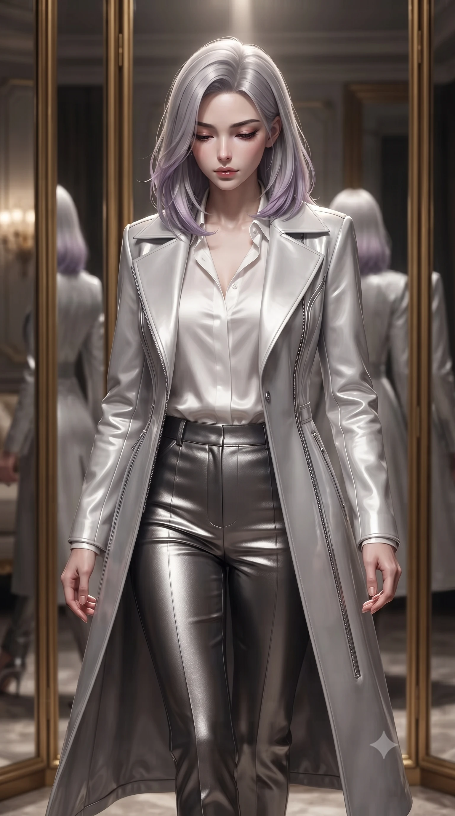 score_9, masterpiece, best quality, ultra-detailed, high-budget anime keyframe, editorial fashion photography, tasteful artistic composition, Caucasian woman. close-up cowboy shot from the waist and thighs up, the character dominates the composition, filling the frame with her large presence, background elements kept in soft focus. Looking down with lowered lashes and a composed, powerful dark aura, walking past gold-framed mirror panels reflecting her sleek silhouette, single warm key spotlight tracing every curve of her ultra-slim waist. She has an exceptionally elegant, slender, and willowy female figure with an ultra-slim waist, a gracefully sculpted slender torso, and a refined silhouette. sharp v-shaped jawline, high-bridge nose, intricate jewel-like eyes with depth, thick eyelashes, glossy lips with a natural sheen. wearing structured platinum leather long coat over white silk blouse and tailored slacks in metallic dark silver, made of high-gloss liquid vinyl, finished with metallic silver boning and sleek zipper points, contouring every curve with an exceptionally elegant silhouette. bathed in dramatic chiaroscuro with a single sharp key ray from above. ultra-reflective glossy finish, specular highlights, metallic sheen, high-contrast stereoscopic depth, volumetric dynamic lighting, 2k, ultra detail, master piece, 9:16 ratio