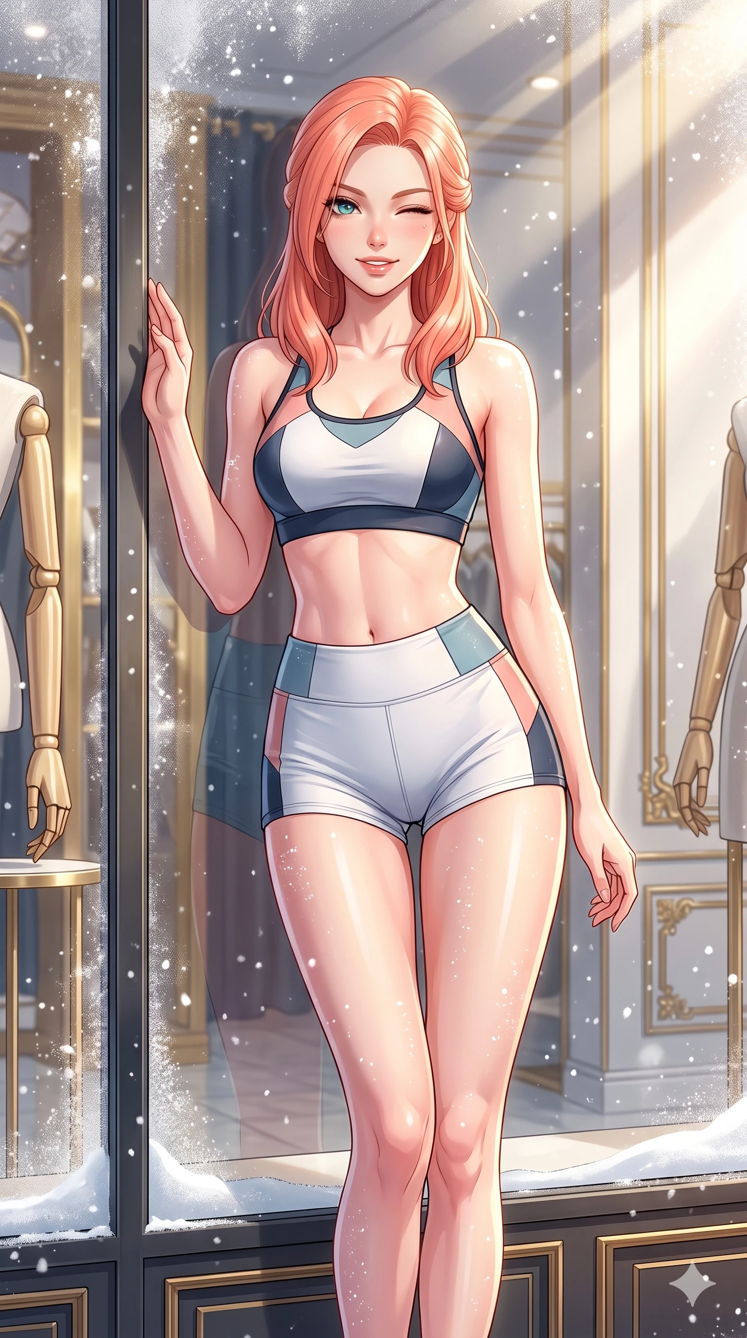 score_9, masterpiece, best quality, ultra-detailed, high-budget anime keyframe, vibrant anime aesthetic, Japanese woman. cowboy shot from the thighs up, character and outfit filling the frame for maximum presence. She is leaning against a boutique window, winking with a playful and lively winter expression inside a high-fashion studio with golden winter setups (Code-P21-094). She has an absolutely perfect 8-heads proportion, an exceptionally tall and slender female figure with impossibly long slender legs and an ultra-slim waist. V-shaped jawline, high-bridge nose, intricate jewel-like eyes with depth, thick eyelashes, glossy lips with a natural sheen. wearing a skin-tight activewear set with sports bra and micro-shorts in winter snow. She is illuminated by bright, direct sunbeams in a photography studio, creating clean outlines. 2k, ultra detail, master piece, 9:16 ratio