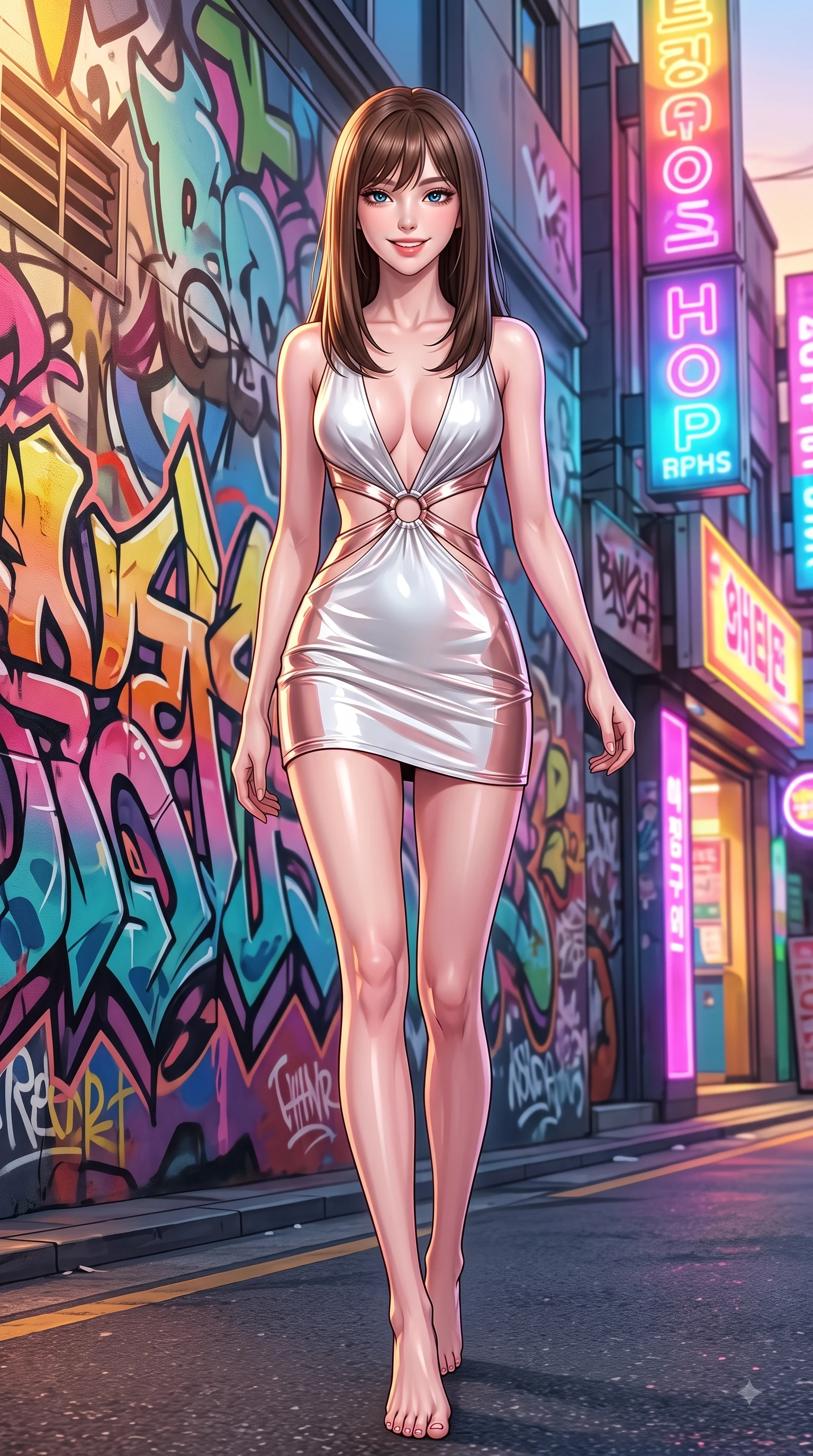 score_9, masterpiece, best quality, ultra-detailed, high-budget anime keyframe, editorial fashion photography, tasteful artistic composition, Korean woman. low angle full-body shot from head to toe showing her feet, filling the entire 9:16 vertical frame with her statuesque presence, stretching her vertical silhouette. forging dynamically through the scene with a fresh infectious smile, her ultra-slim waist creating a sweeping curve while poised gracefully in front of a colorful graffiti wall on Hongdae fashion street at golden hour, vibrant urban street art and neon shop signs casting colorful ambient light around her. She has an absolutely perfect, statuesque 8.5-heads proportion, an exceptionally tall and slender model-like female figure with impossibly long slender legs and an ultra-slim waist. sharp v-shaped jawline, high-bridge nose, intricate jewel-like eyes with depth, thick eyelashes, glossy lips with a natural sheen, flawlessly proportioned anatomical accuracy, natural body alignment, perfectly sculpted elegant limbs, clean dynamic posture without body distortion. wearing a liquid mercury gloss mini dress with ultra-deep V-neck and waist cutouts in pearl white and rose gold, tailored from high-gloss patent leather, accented with delicate chrome ring hardware framing her waist, the elegant draped fit framing her graceful clavicle and slender torso. surrounded by a lively, trendy street aura with rich specular highlights. highly saturated vibrant anime colors, detailed shading with soft gradients, rich glossy textures, high-contrast stereoscopic depth, volumetric dynamic lighting, master piece, 9:16 ratio