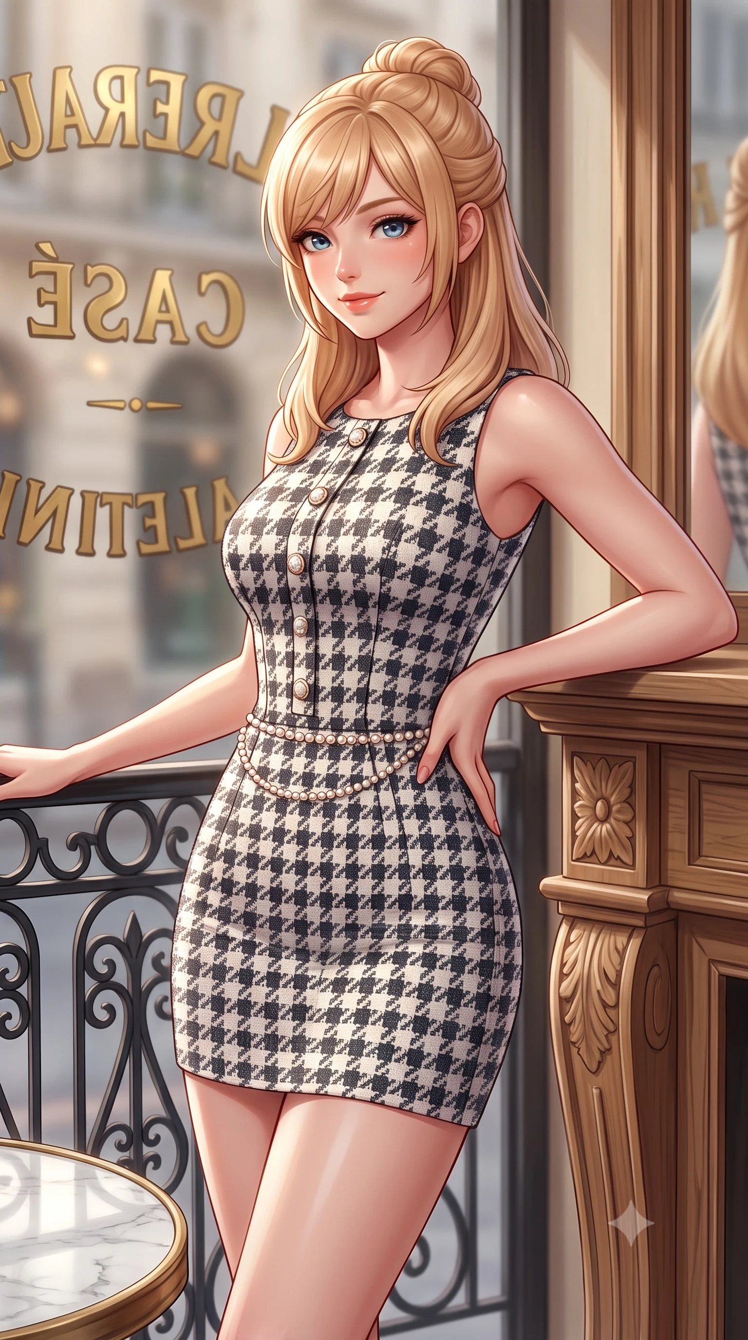 score_9, masterpiece, best quality, ultra-detailed, high-budget anime keyframe, semi-realistic 3D game render, editorial fashion photography, tasteful artistic composition, Caucasian woman. close-up cowboy shot from the waist and thighs up, the character dominates the composition, filling the frame with her large presence. leaning gracefully against the carved mantelpiece with one hand on her hip, showcasing her slender waist and feminine posture while standing beside the wrought-iron café railing looking out over Boulevard Saint-Germain, turning with playful coquettish charm. The background shows a soft-focus brass café lettering on glass softened in romantic Left Bank intellectual shallow focus. She has an exceptionally elegant, slender, and willowy female figure with an ultra-slim waist, flat toned midriff, narrow ribcage, and sculpted feminine hips creating an alluring, slim hourglass silhouette without bulk. sharp v-shaped jawline, high-bridge nose, intricate jewel-like sparkling eyes with depth, thick eyelashes, glossy parted lips with a natural peach sheen, bright cheerful beaming smile with an enchanting and coquettish sensual glint, exuding both youthful cute charm and seductive allure, flawlessly proportioned anatomical accuracy, strict slender model proportions, natural body alignment, perfectly sculpted long slender limbs, ultra-slim waistline, clean dynamic posture without body distortion. wearing a form-contouring pastel bouclé tweed bodycon mini dress with structured waist darts and decorative pearl buttons in classic Savile Row charcoal houndstooth and crisp ivory, made of ultra-fine Mongolian cashmere with sleek glove-like elasticity contouring her silhouette, accented with a dainty pearl waist chain catching the ambient sunlight across her sculpted waistline, the second-skin tailored fabric adhering flawlessly to her sculpted flat midriff and slender torso, emphasizing her long leg lines and perfectly proportioned willowy build. illuminated by zinc counter and marble tabletop bounce with delicate platinum rim lights sculpting her features and slender waist. highly saturated vibrant anime colors, detailed shading with soft gradients, rich glossy textures, high-contrast stereoscopic depth, volumetric dynamic lighting, master piece, 9:16 ratio