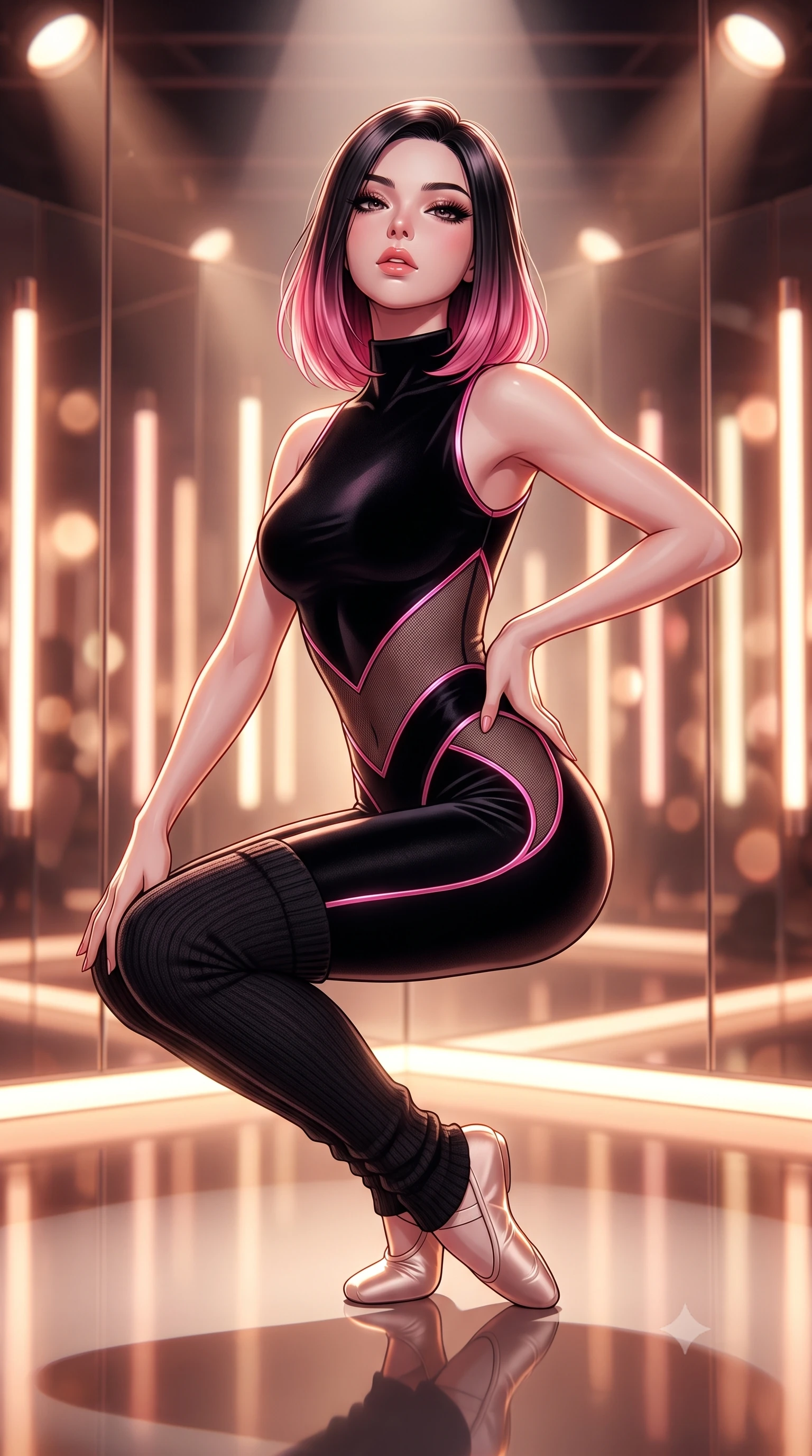 score_9, masterpiece, best quality, ultra-detailed, high-budget anime keyframe, semi-realistic 3D game render, editorial fashion photography, tasteful artistic composition, Korean woman. close-up cowboy shot from the waist and thighs up, the character dominates the composition, filling the frame with her large presence. tilting her chin up with proud, sovereign allure while gazing through thick eyelashes, one hand resting on her waist in pure supermodel charisma while crouching in a low, balanced dancer plié on the reflective floor, her athletic feminine curves and toned hips creating a breathtaking line. The composition keeps background elements in soft focus with creamy bokeh. infinite studio mirror reflections and warm vertical light tubes blurred into glowing amber, rose-gold, and ivory bokeh. She has an exceptionally elegant, slender, and willowy female figure with an ultra-slim waist, a gracefully sculpted slender torso, toned flat midriff, and rounded feminine hips creating an alluring hourglass silhouette. sharp v-shaped jawline, high-bridge nose, intricate jewel-like eyes with depth, thick eyelashes, glossy parted lips with a natural sheen, intensely captivating and seductive bedroom-eyes expression, flawlessly proportioned anatomical accuracy, strict slender model proportions, natural body alignment, perfectly sculpted long slender limbs, ultra-slim waistline, clean dynamic posture without body distortion. wearing a sculptured velvet dance unitard with diagonal mesh cutouts tracing her midriff and hip in pitch black with gloss neon piping, made of flexible stretch velvet with rich specular luster, accessorized with knitted leg warmers and delicate satin ballet slippers, the glove-like aerodynamic silhouette tightly following the natural contour of her hips and long slender legs with statuesque precision. bathed in warm floor-level uplighting and dramatic overhead theatrical spotlights. highly saturated vibrant anime colors, detailed shading with soft gradients, rich glossy textures, high-contrast stereoscopic depth, volumetric dynamic lighting, master piece, 9:16 ratio