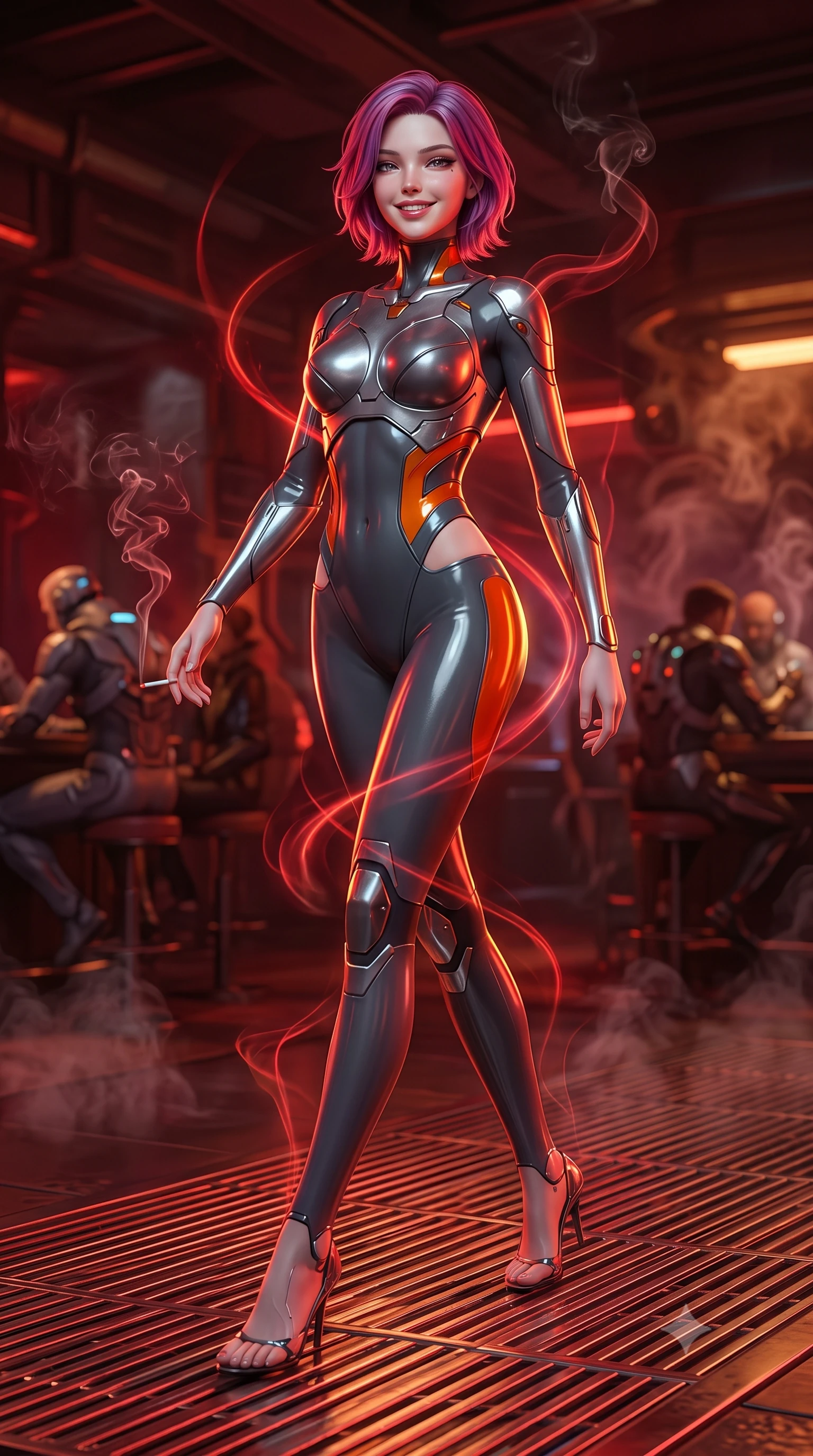 score_9, masterpiece, best quality, ultra-detailed, high-budget anime keyframe, semi-realistic 3D game render, editorial fashion photography, tasteful artistic composition, Caucasian woman. low angle full-body shot from head to toe showing her feet, filling the entire 9:16 vertical frame with her statuesque presence, stretching her vertical silhouette. striding forward gracefully across the reflective metal deck in mid-motion with a radiant beaming smile, hips swaying in an alluring kinetic rhythm that accentuates her curvy hourglass silhouette and long slender legs while twisting her slender torso in an alluring S-curve, swirling crimson light and cigarette smoke tracing her tight suit and hourglass curves. The background shows a soft-focus dark patrons in cybernetic suits and swirling atmospheric vapors softened in gritty high-stakes casino shallow focus. She has an absolutely perfect, statuesque 8.5-heads proportion, an exceptionally tall and slender model-like female figure with impossibly long slender legs, an ultra-slim waist, a flat toned midriff, narrow delicate ribcage, and beautifully sculpted feminine hips creating a graceful, slim hourglass silhouette without any bulky heaviness. sharp v-shaped jawline, high-bridge nose, intricate jewel-like sparkling eyes with depth, thick eyelashes, glossy parted lips with a natural sheen, bright confident smile with an enchanting and coquettish sensual glint, exuding both youthful magnetic charm and sovereign high-tech allure, flawlessly proportioned anatomical accuracy, strict slender model proportions, natural body alignment, perfectly sculpted long slender limbs, ultra-slim waistline, clean dynamic posture without body distortion. wearing a sculpted titanium-alloy breastplate bodice worn over an ultra-tight matte stretch bodysuit with side hip cutouts in stealth charcoal slate and molten laser orange, made of smooth liquid latex with high-contrast stereoscopic depth and wet shine, accented with strategically placed chrome armor plate guards covering key curves, the form-contouring cut accentuating her sculpted flat midriff, narrow delicate ribcage, and gracefully curvy hips with cybernetic supermodel precision. bathed in intense crimson and deep amber low-key neon accent lighting. highly saturated vibrant anime colors, detailed shading with soft gradients, rich glossy textures, high-contrast stereoscopic depth, volumetric dynamic lighting, master piece, 9:16 ratio