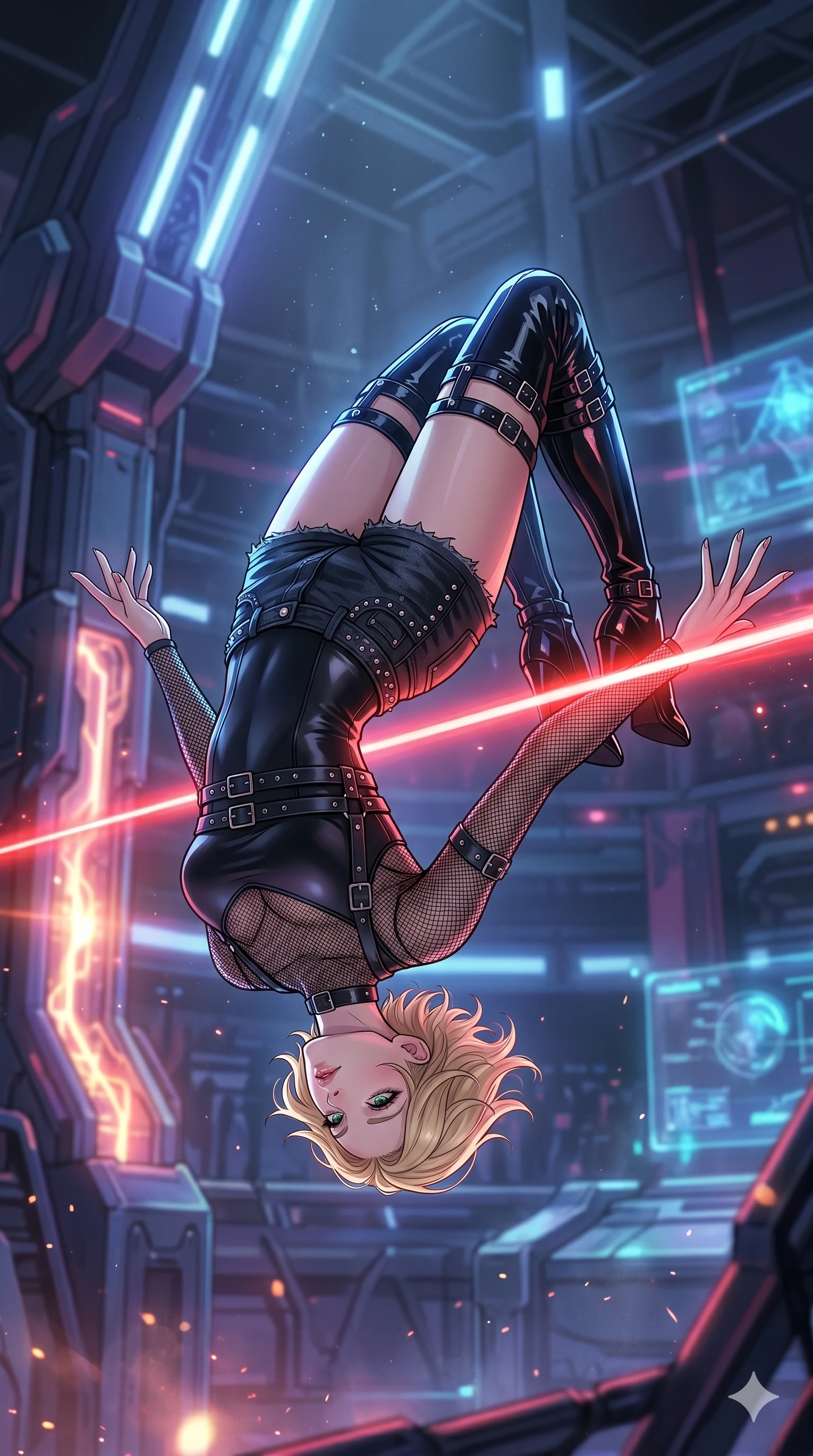 score_9, masterpiece, best quality, ultra-detailed, high-budget anime movie keyframe, cinematic anime lighting, intricate line art, Caucasian (strictly human ears) woman. Mid-air action shot capturing a graceful twist and vertical silhouette. performing a backflip to avoid a sweeping laser beam. She has an absolutely perfect 8-heads proportion, an exceptionally tall and slender female figure with graceful and slender proportions. strictly human anatomy, two legs only, no extra limbs, clearly defined legs and arms, perfect anatomy, perfect hands and fingers. sharp v-shaped jawline, high-bridge nose, intricate jewel-like eyes, thick eyelashes, glossy lips. Wearing Dynamic performance outfit: Leather harness over mesh, sleek bodysuit, studded stylish shorts, and thigh-high patent boots. The scene is illuminated by dramatic atmospheric lighting and vibrant color palettes. , 2k, ultra detail, master piece, 9:16 ratio
