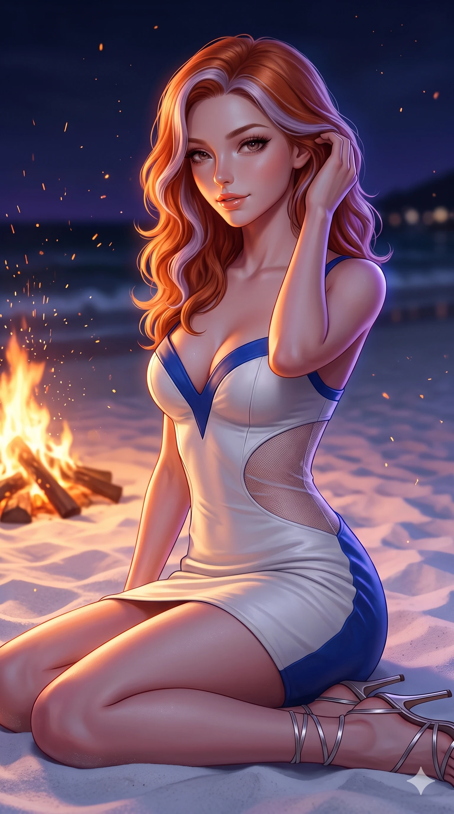 score_9, masterpiece, best quality, ultra-detailed, high-budget anime keyframe, semi-realistic 3D game render, editorial fashion photography, tasteful artistic composition, Caucasian woman. close-up cowboy shot from the waist and thighs up, the character dominates the composition, filling the frame with her large presence. gently brushing a lock of salt-kissed hair behind her ear while casting a playful, flirtatious side-gaze with long eyelashes while sitting gracefully on the soft white sand beside the crackling bonfire with one knee bent, arching her spine with supermodel elegance as sparks drift skyward. The background shows a soft-focus romantic beach campfire atmosphere softened in midnight shoreline shallow focus. She has an exceptionally elegant, slender, and willowy female figure with an ultra-slim waist, flat toned midriff, narrow ribcage, and sculpted feminine hips creating an alluring, slim hourglass silhouette without bulk. sharp v-shaped jawline, high-bridge nose, sparkling eyes with hypnotic seductive depth, thick curled eyelashes, glossy parted lips with a natural dewy peach sheen, alluring bedroom-eyes with an enchanting coquettish smile, exuding magnetic siren charisma and sophisticated glamour, flawlessly proportioned anatomical accuracy, strict slender model proportions, natural body alignment, perfectly sculpted long slender limbs, ultra-slim waistline, clean dynamic posture without body distortion. wearing an alluring plunging sweetheart bodice dress with sheer mesh side-waist cutouts contouring her ribs in Mykonos whitewash and cobalt blue, woven from buttery-soft stretch lambskin leather adhering to her body like a second skin, complemented by strappy stiletto sandals with metallic ankle wraps accentuating her slender calves, the form-contouring cut accentuating her sculpted flat midriff, narrow delicate ribcage, and gracefully curvy hips with intoxicating allure. illuminated by white sand ground bounce and sharp amber-violet rim lights sculpting her razor-sharp jawline, narrow waist, and curvy hips. highly saturated vibrant anime colors, detailed shading with soft gradients, rich glossy textures, high-contrast stereoscopic depth, volumetric dynamic lighting, master piece, 9:16 ratio