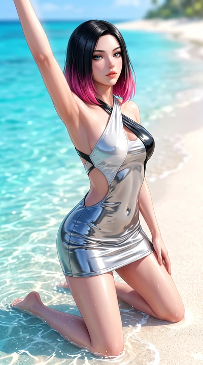score_9, masterpiece, best quality, ultra-detailed, high-budget anime keyframe, semi-realistic 3D game render, editorial fashion photography, tasteful artistic composition, Korean woman. close-up cowboy shot from the waist and thighs up, the characte