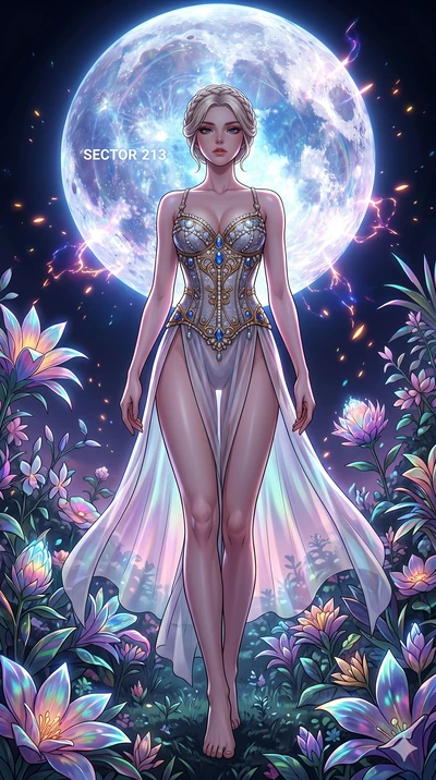 score_9, masterpiece, best quality, ultra-detailed, Set A: High-budget Anime Keyframe, Japanese woman. Low angle cowboy shot filling the entire 9:16 frame with her statuesque presence. Casting a spell through a floating botanical garden, with a massi