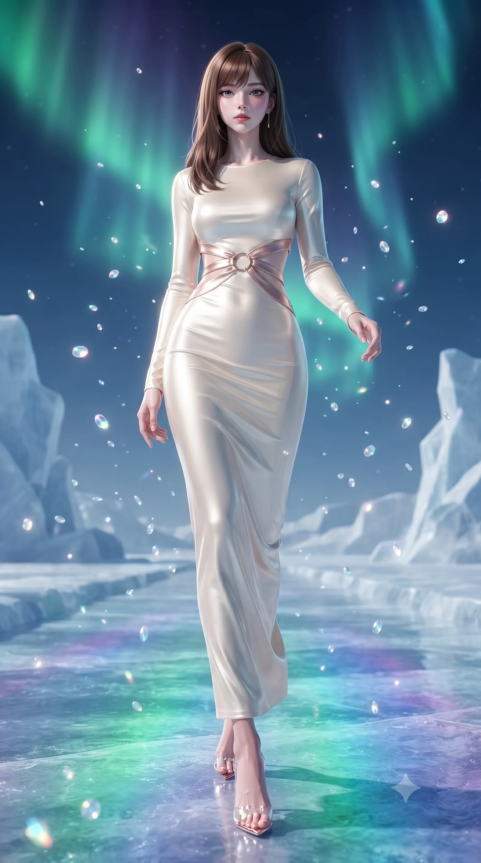 score_9, masterpiece, best quality, ultra-detailed, high-budget anime keyframe, editorial fashion photography, tasteful artistic composition, Korean woman. low angle full-body shot from head to toe showing her feet, filling the entire 9:16 vertical frame with her statuesque presence, stretching her vertical silhouette. interacting with floating opal particles, her long slender legs poised in motion, stepping along an ice-paved bridge reflecting shifting aurora colors, statuesque presence stretching her vertical 9:16 framing. She has an absolutely perfect, statuesque 8.5-heads proportion, an exceptionally tall and slender model-like female figure with impossibly long slender legs and an ultra-slim waist. sharp v-shaped jawline, high-bridge nose, intricate jewel-like eyes with depth, thick eyelashes, glossy lips with a natural sheen. wearing fitted opal-glazed silk maxi dress hugging every curve in glowing ivory, made of soft rose-gold satin, trimmed with rose-gold ring hardware along the waist contours, sculpting her athletic slender build with refined precision. lit by intense polar key light piercing through crisp night air. ultra-reflective glossy finish, specular highlights, metallic sheen, high-contrast stereoscopic depth, volumetric dynamic lighting, 2k, ultra detail, master piece, 9:16 ratio