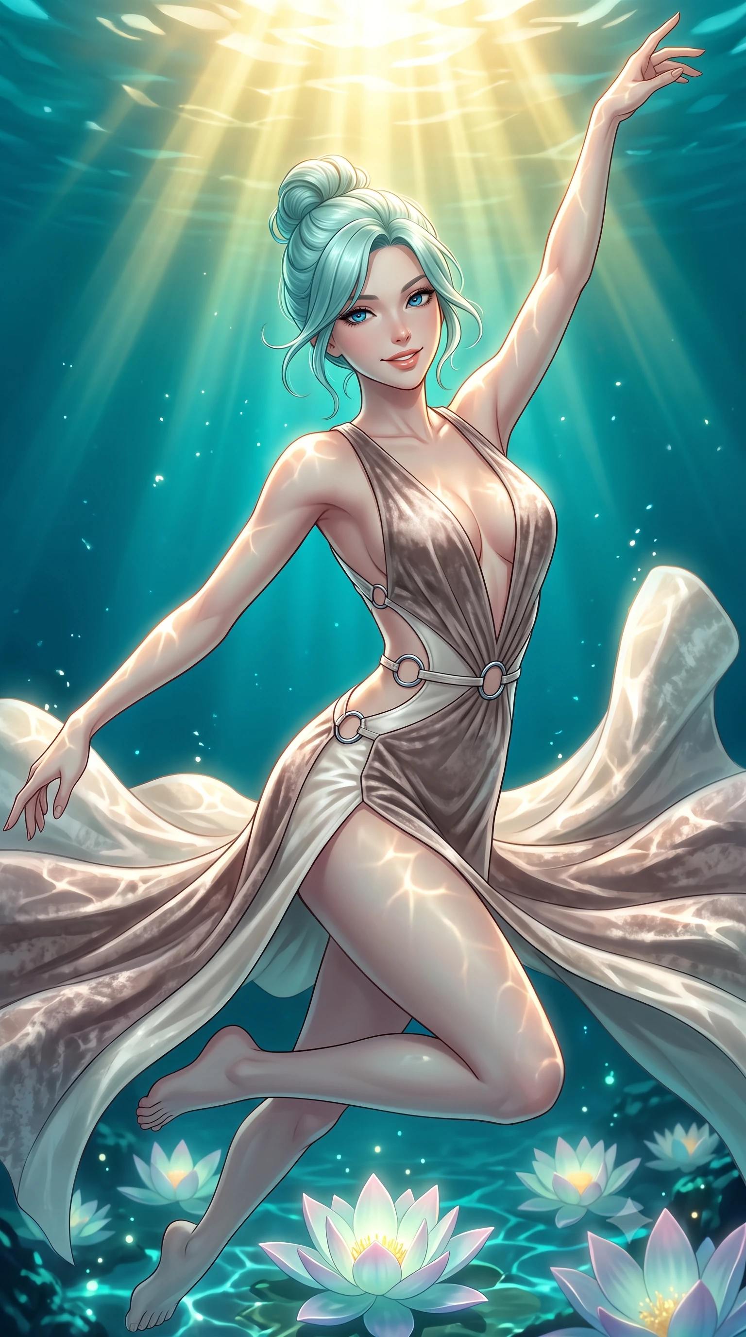 score_9, masterpiece, best quality, ultra-detailed, high-budget anime keyframe, editorial fashion photography, tasteful artistic composition, Japanese woman. close-up cowboy shot from the waist and thighs up, the character dominates the composition, filling the frame with her large presence, background elements kept in soft focus. Extending one arm in an elegant stretch toward the light while smiling with magnetic self-assurance while floating underwater in a dynamic mid-air spin over a glowing lotus reef in a subterranean lagoon, intense golden sunbeams penetrating deep turquoise water creating caustic light ripples. She has an exceptionally elegant, slender, and willowy female figure with an ultra-slim waist, a gracefully sculpted slender torso, and a refined silhouette. sharp v-shaped jawline, high-bridge nose, intricate jewel-like eyes with depth, thick eyelashes, glossy lips with a natural sheen, flawlessly proportioned anatomical accuracy, natural body alignment, perfectly sculpted elegant limbs, clean dynamic posture without body distortion. wearing a backless crushed velvet gown with a deep V-neckline and high thigh slit in muted taupe and soft ivory, formed from sleek second-skin neoprene, accented with delicate chrome ring hardware framing her waist, the glove-like fit emphasizing her statuesque silhouette during motion. surrounded by a shimmering ocean aura with bright specular rim lights. highly saturated vibrant anime colors, detailed shading with soft gradients, rich glossy textures, high-contrast stereoscopic depth, volumetric dynamic lighting, master piece, 9:16 ratio