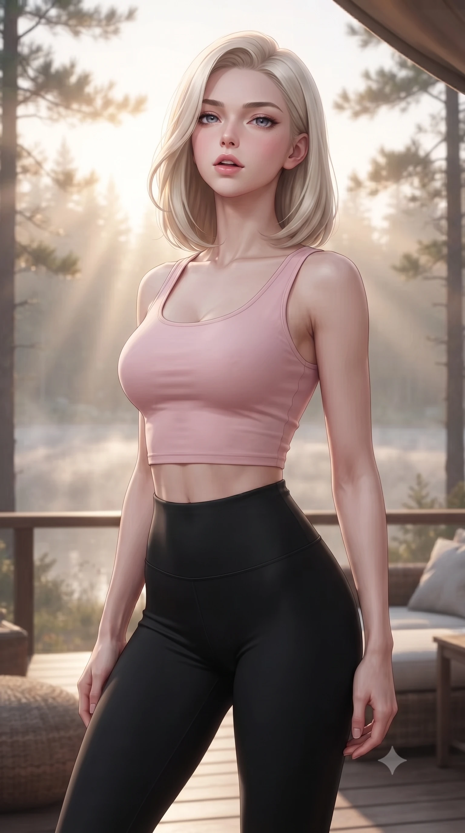 score_9, masterpiece, best quality, ultra-detailed, high-budget anime keyframe, editorial fashion photography, tasteful artistic composition, Caucasian woman. close-up cowboy shot from the waist and thighs up, the character dominates the composition, filling the frame with her large presence, background elements kept in soft focus. tilting her chin up slightly with lips parted in a composed, provocative expression the background shows a soft-focus a glamping veranda overlooking a misty lake at dawn with pine trees in soft focus. She has an exceptionally elegant, slender, and willowy female figure with an ultra-slim waist, a gracefully sculpted slender torso, and a refined silhouette. sharp v-shaped jawline, high-bridge nose, intricate jewel-like eyes with depth, thick eyelashes, glossy lips with a natural sheen. wearing a tailored body-hugging light pink crop tank top paired with high-waisted tight-fitting leggings. soft morning mist diffusing the warm sunbeams, creating a tranquil atmosphere. ultra-reflective glossy finish, specular highlights, metallic sheen, high-contrast stereoscopic depth, volumetric dynamic lighting, 2k, ultra detail, master piece, 9:16 ratio