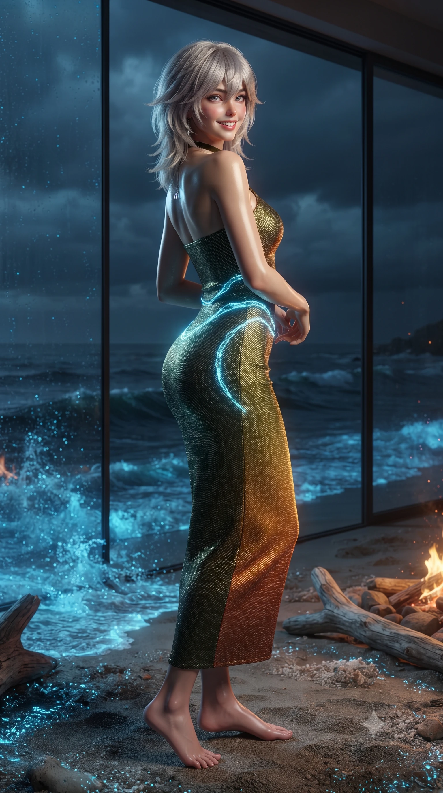 score_9, masterpiece, best quality, ultra-detailed, high-budget anime keyframe, editorial fashion photography, tasteful artistic composition, Japanese woman. low angle full-body shot from head to toe showing her feet, filling the entire 9:16 vertical frame with her statuesque presence, stretching her vertical silhouette. posing in a classic haute-couture S-curve stance beside the floor-to-ceiling window, looking over a bare shoulder with magnetic presence while twisting her slender torso in an alluring contrapposto stance, ethereal neon-blue wave luminescence tracing her flat midriff and curvy hips. The surrounding environment is rendered in vivid detail and crisp panoramic clarity: sharp phosphorescent neon-blue wave foam droplets, fine wet coral sand grains, and weathered driftwood grain in deep focus. She has an exceptionally tall and slender model-like 8.5-heads proportion, an ultra-slim waist, a flat toned midriff, narrow delicate ribcage, and beautifully sculpted feminine hips creating a graceful, slim hourglass silhouette without any bulky heaviness, with impossibly long slender legs. sharp v-shaped jawline, high-bridge nose, intricate jewel-like sparkling eyes with depth, thick eyelashes, glossy parted lips with a natural peach sheen, bright cheerful beaming smile with an enchanting and coquettish sensual glint, exuding both youthful cute charm and seductive allure, flawlessly proportioned anatomical accuracy, strict slender model proportions, natural body alignment, perfectly sculpted long slender limbs, ultra-slim waistline, clean dynamic posture without body distortion. wearing a body-contouring metallic lurex knit column dress casting radiant starlight shimmer across her flat midriff and curves in Tuscan cypress dark olive and sunset amber gold, woven from buttery-soft stretch lambskin leather adhering to her body like a second skin, finished with a thin velvet ribbon choker and a single teardrop diamond pendant, the impeccably tailored cut draping gracefully along her slender figure with aristocratic poise. bathed in the magical 4800K neon electric-blue glow of active bioluminescent surf mixed with warm 2100K beach campfire embers. ultra-reflective glossy finish, specular highlights, rich textural contrasts, high-contrast stereoscopic depth, volumetric dynamic lighting, 2k, ultra detail, master piece, 9:16 ratio