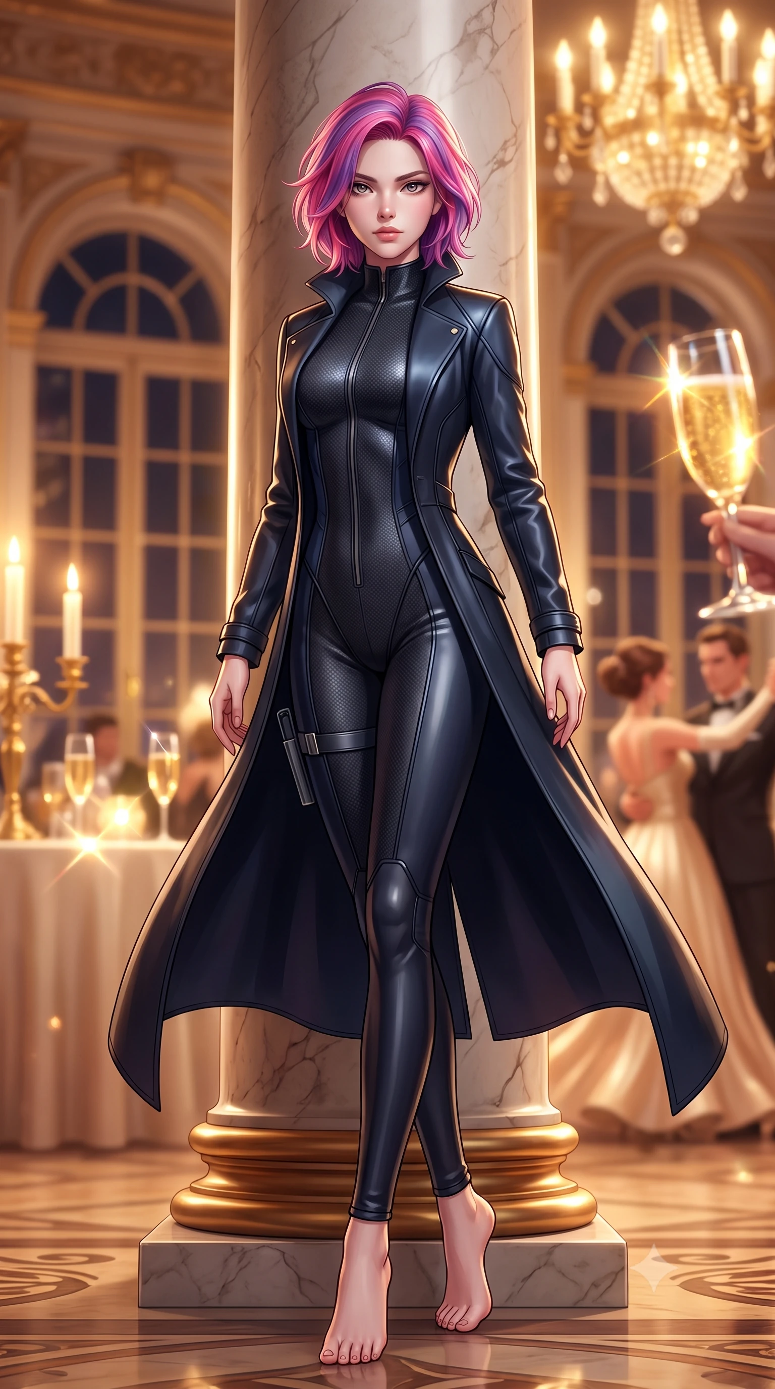 score_9, masterpiece, best quality, ultra-detailed, high-budget anime keyframe, semi-realistic 3D game render, editorial fashion photography, tasteful artistic composition, Caucasian woman. low angle full-body shot from head to toe showing her feet, filling the entire 9:16 vertical frame with her statuesque presence, stretching her vertical silhouette. landing lightly on the balls of her feet in a balanced kinetic stance, eyes locked onto the camera with fearless allure while pivoting dynamically beside colossal marble columns as golden champagne toasts catch dazzling light highlights. The composition keeps background elements in soft focus with creamy bokeh. twirling ballroom gala guests and towering arched palace windows blurred into creamy champagne and amber bokeh. She has an absolutely perfect, statuesque 8.5-heads proportion, an exceptionally tall and slender model-like female figure with impossibly long slender legs, a toned flat midriff, and an ultra-slim waist. sharp v-shaped jawline, high-bridge nose, intricate jewel-like eyes with depth, thick eyelashes, glossy lips with a natural sheen, captivating and magnetic expression, flawlessly proportioned anatomical accuracy, strict slender model proportions, natural body alignment, perfectly sculpted long slender limbs, ultra-slim waistline, clean dynamic posture without body distortion. wearing a sleek second-skin dark carbon-weave infiltration catsuit paired with a tailored long leather trench coat in stealth obsidian black and midnight navy, crafted from flexible ballistic matte leather and ultra-sleek stretch neoprene, equipped with a minimalist titanium leg holster and smart holographic earpiece, the sleek tailored cut tightly hugging her graceful clavicle, narrow waist, and feminine curves with statuesque precision. bathed in warm glowing candlelight and radiant gold chandelier downlights. highly saturated vibrant anime colors, detailed shading with soft gradients, rich glossy textures, high-contrast stereoscopic depth, volumetric dynamic lighting, master piece, 9:16 ratio