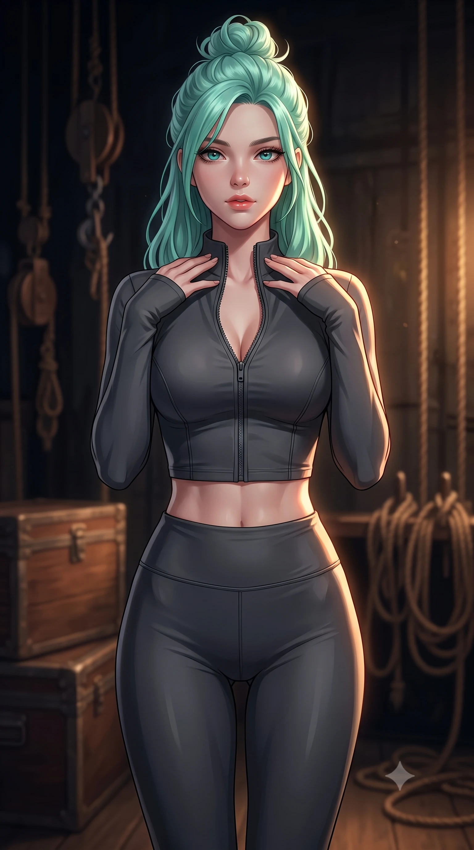 score_9, masterpiece, best quality, ultra-detailed, high-budget anime keyframe, editorial fashion photography, tasteful artistic composition, Japanese woman. close-up cowboy shot from the waist and thighs up, the character dominates the composition, filling the frame with her large presence, background elements kept in soft focus. standing in a relaxed, elegant posture with both hands resting lightly on her collarbone, looking at the viewer with bedroom-eyes, the background shows a soft-focus a vintage stage wing with wooden trunks, pulleys, and ropes in the dark. She has an exceptionally elegant, slender, and willowy female figure with an ultra-slim waist, a gracefully sculpted slender torso, and a refined silhouette. sharp v-shaped jawline, high-bridge nose, intricate jewel-like eyes with depth, thick eyelashes, glossy lips with a natural sheen. wearing a body-hugging body-hugging high-neck activewear set of a zipped long-sleeve crop top and matching leggings in carbon-grey. dramatic chiaroscuro lighting focusing on her athletic, slender build. highly saturated vibrant anime colors, detailed shading with soft gradients, rich glossy textures, high-contrast stereoscopic depth, volumetric dynamic lighting, master piece, 9:16 ratio