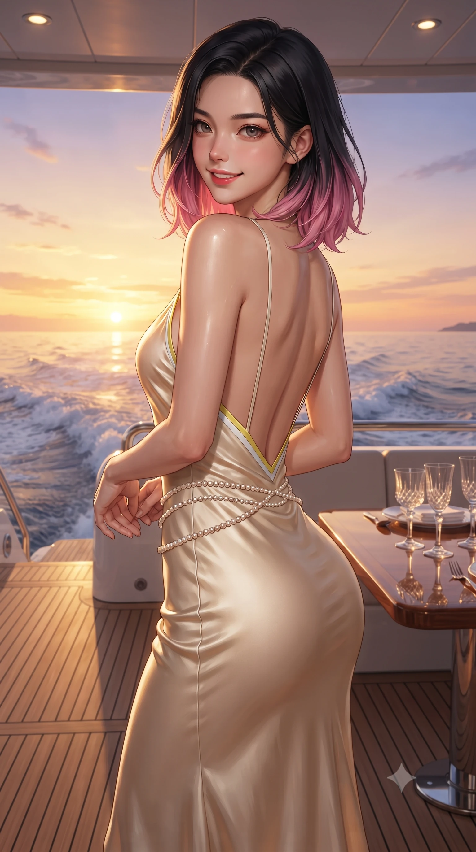 score_9, masterpiece, best quality, ultra-detailed, high-budget anime keyframe, editorial fashion photography, tasteful artistic composition, Korean woman. close-up cowboy shot from the waist and thighs up, the character dominates the composition, filling the frame with her large presence. turning over a bare shoulder with an intoxicating, teasing smile, her soft hair framing her sharp jawline as her hips angle gracefully while striding across the teak deck before pausing to pivot her hips in an alluring 3/4 rear view, sea breeze fluttering her form-fitting garments. The surrounding environment is rendered in vivid detail and crisp panoramic clarity. detailed sunset horizon gradients, wake ripples behind the yacht, and crystal glassware in high resolution. She has an exceptionally elegant, slender, and willowy female figure with an ultra-slim waist, a gracefully sculpted slender torso, toned flat midriff, and rounded feminine hips creating an alluring hourglass silhouette. sharp v-shaped jawline, high-bridge nose, intricate jewel-like eyes with depth, thick eyelashes, glossy parted lips with a natural sheen, intensely captivating and seductive bedroom-eyes expression, flawlessly proportioned anatomical accuracy, strict slender model proportions, natural body alignment, perfectly sculpted long slender limbs, ultra-slim waistline, clean dynamic posture without body distortion. wearing a radiant champagne silk slip dress with an ultra-deep plunging back and delicate thin straps in pure alabaster white and lemon yellow accents, crafted from breathable crinkled linen and lightweight modal knit, finished with dainty pearl waist chains framing her sun-kissed midriff, the form-contouring material adhering flawlessly to her sculpted flat midriff and slender torso, emphasizing her long leg lines and perfectly proportioned willowy build. bathed in glorious golden hour sunset backlighting and warm amber deck lantern fill. ultra-reflective glossy finish, specular highlights, rich textural contrasts, high-contrast stereoscopic depth, volumetric dynamic lighting, 2k, ultra detail, master piece, 9:16 ratio