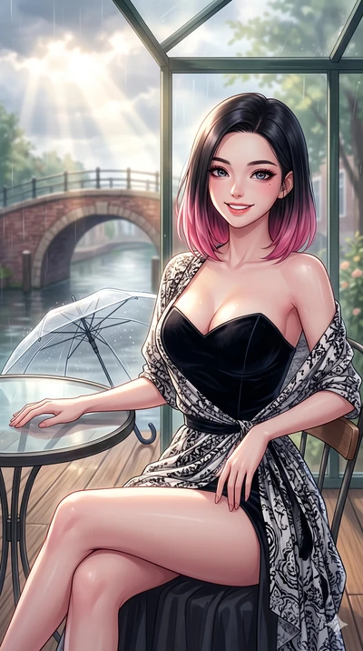 score_9, masterpiece, best quality, ultra-detailed, high-budget anime keyframe, vibrant anime aesthetic, Korean woman. close-up cowboy shot from the waist and thighs up, the character dominates the composition, filling the frame with her large presen