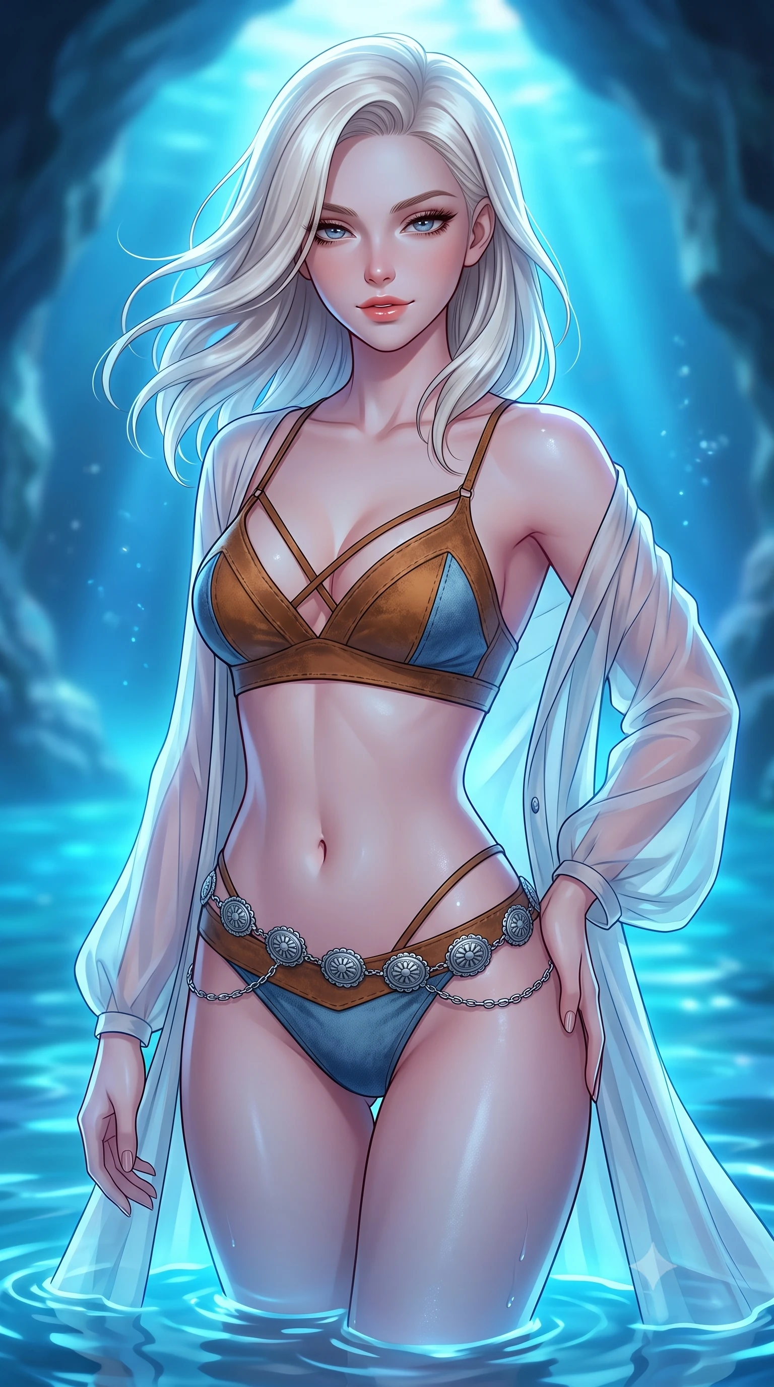 score_9, masterpiece, best quality, ultra-detailed, high-budget anime keyframe, semi-realistic 3D game render, editorial fashion photography, tasteful artistic composition, Caucasian woman. close-up cowboy shot from the waist and thighs up, the character dominates the composition, filling the frame with her large presence. turning slowly with an enchanting smoldering smile, her glossy hair tossing in the breeze as her hips angle gracefully in a captivating contrapposto while standing in waist-deep glowing azure water with hips cocked back, looking into the lens with hypnotic, heavy-lidded bedroom-eyes. The background shows a soft-focus grotto entrance ripples softened in mysterious maritime subterranean shallow focus. She has an exceptionally elegant, slender, and willowy female figure with an ultra-slim waist, flat toned midriff, narrow ribcage, and sculpted feminine hips creating an alluring, slim hourglass silhouette without bulk. sharp v-shaped jawline, high-bridge nose, sparkling eyes with hypnotic seductive depth, thick curled eyelashes, glossy parted lips with a natural dewy peach sheen, alluring bedroom-eyes with an enchanting coquettish smile, exuding magnetic siren charisma and sophisticated glamour, flawlessly proportioned anatomical accuracy, strict slender model proportions, natural body alignment, perfectly sculpted long slender limbs, ultra-slim waistline, clean dynamic posture without body distortion. wearing a delicate sheer chiffon western duster robe slipping off bare shoulders over a matching strappy suede bralette in distressed whiskey leather brown and sun-bleached denim blue, crafted from fluid liquid silk satin that clings smoothly to every curve with a dewy sheen, accented with an intricate silver concho waist chain resting loosely on her curvy hips, the form-contouring silhouette accentuating her sculpted flat midriff, narrow delicate ribcage, and gracefully curvy hips with intoxicating allure. bathed in ethereal glowing cobalt-and-cyan light radiating upward through the submerged cave opening. highly saturated vibrant anime colors, detailed shading with soft gradients, rich glossy textures, high-contrast stereoscopic depth, volumetric dynamic lighting, master piece, 9:16 ratio