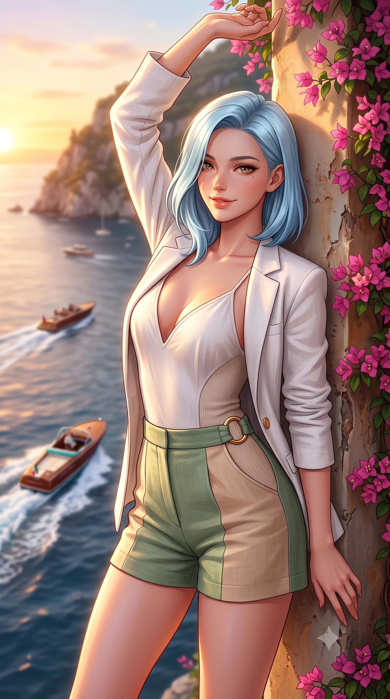 score_9, masterpiece, best quality, ultra-detailed, high-budget anime keyframe, semi-realistic 3D game render, editorial fashion photography, tasteful artistic composition, Korean woman. close-up cowboy shot from the waist and thighs up, the character dominates the composition, filling the frame with her large presence. playfully stretching one arm overhead toward the setting sun, her radiant smile capturing fresh girlhood charm while her arched torso reveals an intoxicating hip contour while leaning against a rustic stucco pillar draped in pink bougainvillea with hips cocked back, casting an alluring bedroom-gaze toward the lens. The composition keeps background elements in soft focus with dreamy creamy bokeh. luxury wooden speedboats leaving white wakes across the evening bay softened in iconic Amalfi shallow focus. She has an exceptionally elegant, slender, and willowy female figure with an ultra-slim waist, flat toned midriff, narrow ribcage, and sculpted feminine hips creating an alluring, slim hourglass silhouette without bulk. sharp v-shaped jawline, high-bridge nose, sparkling amber-hazel eyes with depth, long lush eyelashes, glossy sun-kissed lips with a warm coral glaze, radiant teasing smile with sensual sunlit bedroom-eyes, exuding effortless old-money elegance and intoxicating sun-drenched allure, flawlessly proportioned anatomical accuracy, strict slender model proportions, natural body alignment, perfectly sculpted long slender limbs, ultra-slim waistline, clean dynamic posture without body distortion. wearing a breezy white linen tailored blazer worn over a plunging-V camisole and high-waisted tailored linen shorts in sage green and warm almond beige, formed from supple second-skin stretch ribbed knit clinging to her form, accented with sculptural gold ring hardware framing the subtle side cutouts, the glove-like silhouette tightly following the natural contour of her hips and long slender legs with youthful 8.5-heads elegance. illuminated by sea-surface golden bounce and sharp amber rim lighting sculpting her sculpted collarbones, ultra-slim waist, and curvy hips. highly saturated vibrant anime colors, detailed shading with soft gradients, rich glossy textures, high-contrast stereoscopic depth, volumetric dynamic lighting, master piece, 9:16 ratio