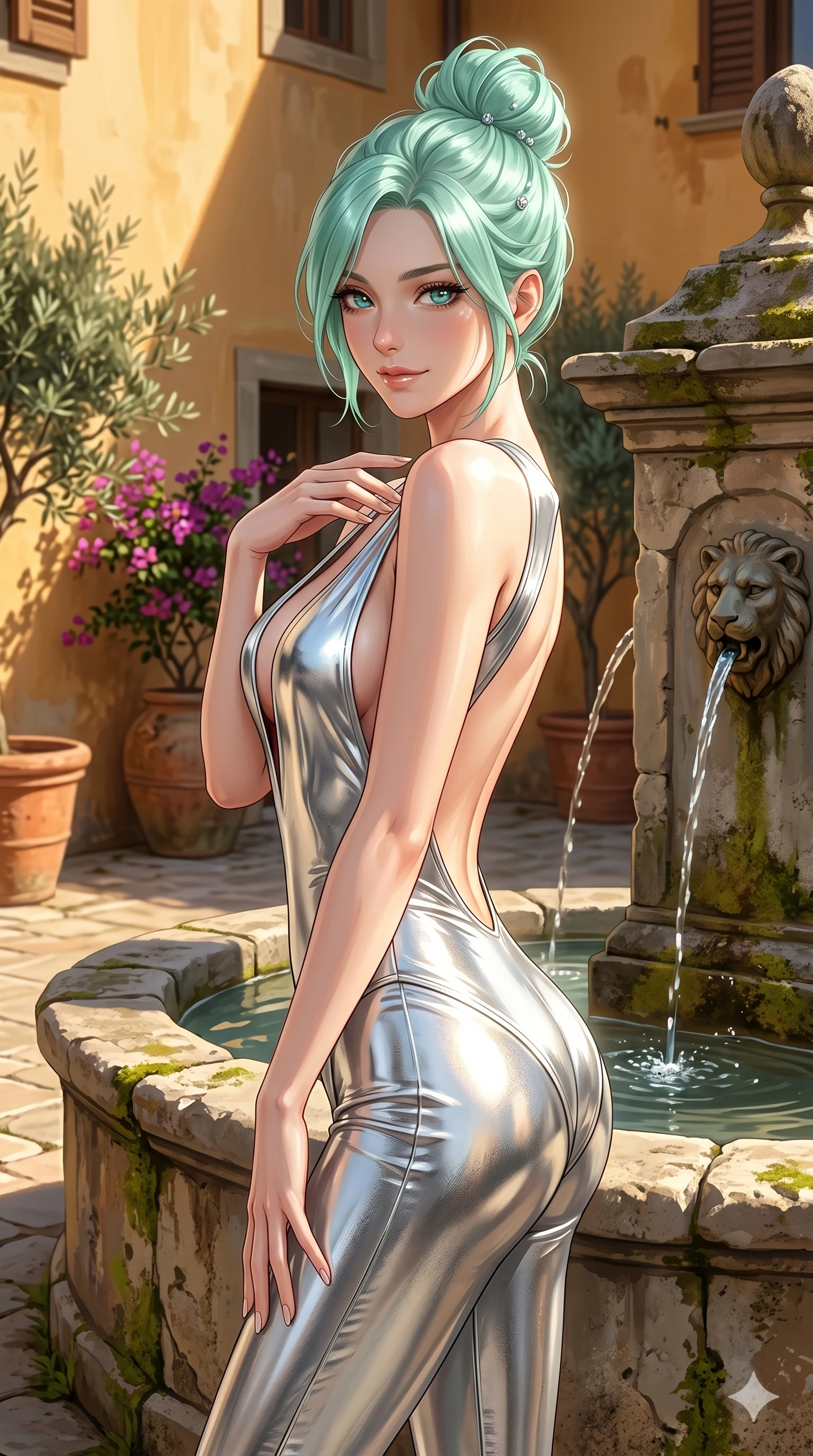 score_9, masterpiece, best quality, ultra-detailed, high-budget anime keyframe, editorial fashion photography, tasteful artistic composition, Japanese woman. cowboy shot from the thighs up, character and outfit filling the frame for maximum editorial presence. looking over her shoulder with a magnetic, teasing half-smile, one hand gently tracing her collarbone standing by a rustic stone fountain in a quiet private courtyard of a Tuscan villa (Code-P102). She has an absolutely perfect 8-heads proportion, an exceptionally tall and slender female figure with impossibly long slender legs and an ultra-slim waist. V-shaped jawline, high-bridge nose, intricate jewel-like eyes with depth, thick eyelashes, glossy lips with a natural sheen. wearing a sleek liquid-mercury silver bodysuit with a bold plunging neckline and an open-back design. drenched in brilliant morning sunshine that traces her elegant clavicle lines and athletic build contours. 2k, ultra detail, master piece, 9:16 ratio