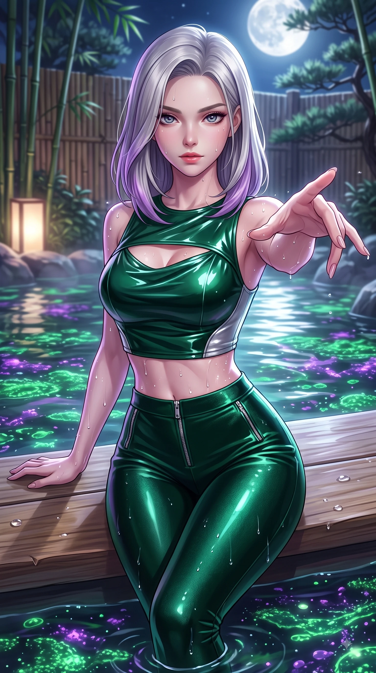 score_9, masterpiece, best quality, ultra-detailed, high-budget anime keyframe, editorial fashion photography, tasteful artistic composition, Caucasian woman. close-up cowboy shot from the waist and thighs up, the character dominates the composition, filling the frame with her large presence, background elements kept in soft focus. Reaching one arm gracefully toward the camera with magnetic poise, displaying her statuesque silhouette while lounging on a smooth hinoki wood platform in a moonlit hot spring surrounded by bamboo screens, water droplets glistening on her skin and clothing with brilliant specular highlights. She has an exceptionally elegant, slender, and willowy female figure with an ultra-slim waist, a gracefully sculpted slender torso, and a refined silhouette. sharp v-shaped jawline, high-bridge nose, intricate jewel-like eyes with depth, thick eyelashes, glossy lips with a natural sheen, flawlessly proportioned anatomical accuracy, natural body alignment, perfectly sculpted elegant limbs, clean dynamic posture without body distortion. wearing a glossy vinyl crop top and high-waist tailored leggings with sleek zippers in deep emerald green and silver accent, made of premium stretch velvet with a rich sheen, accented with a Tasteful chest slit framing her clavicle gracefully, the elegant draped fit framing her graceful clavicle and slender torso. illuminated by luminous purple bioluminescence and serene silver moonlight. highly saturated vibrant anime colors, detailed shading with soft gradients, rich glossy textures, high-contrast stereoscopic depth, volumetric dynamic lighting, master piece, 9:16 ratio