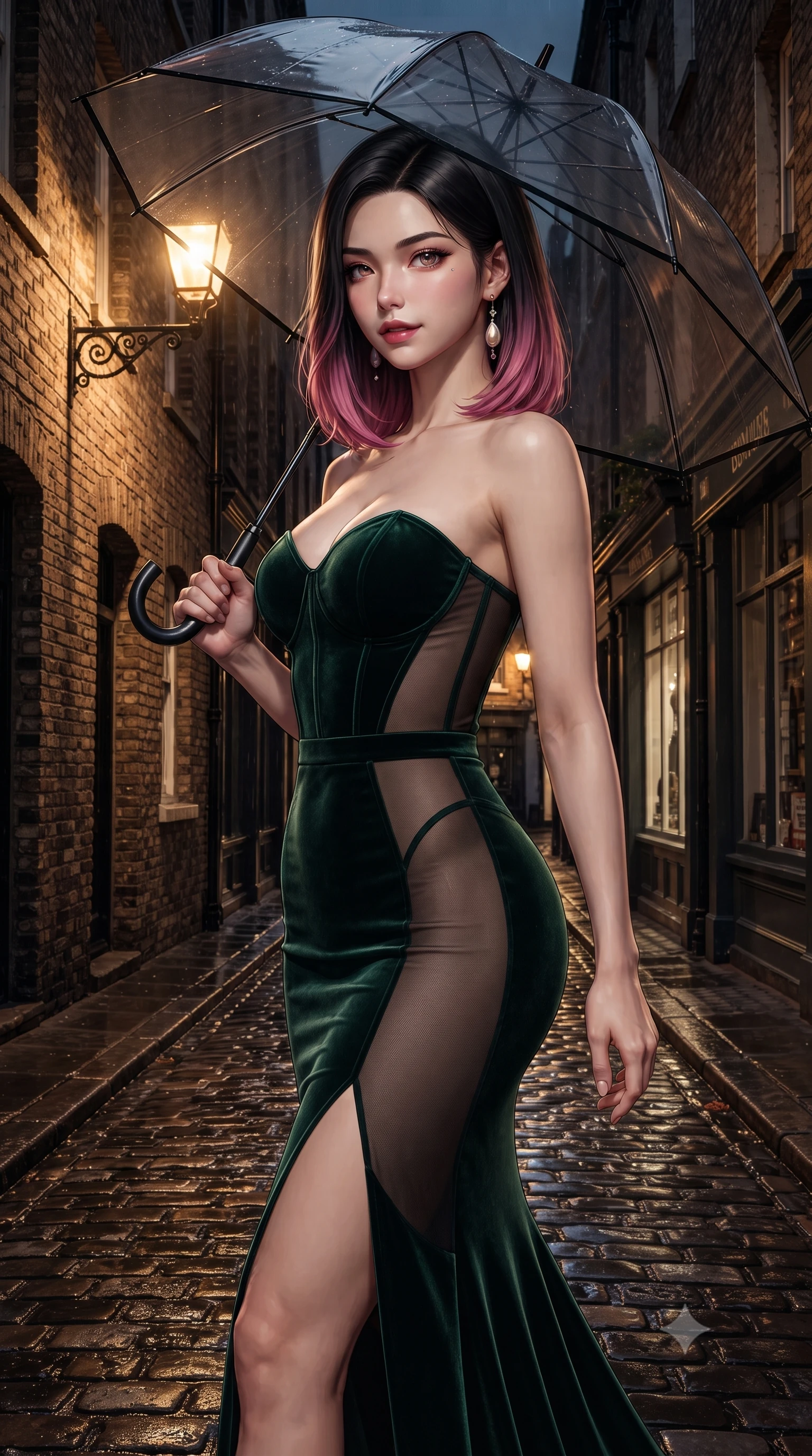 score_9, masterpiece, best quality, ultra-detailed, high-budget anime keyframe, editorial fashion photography, tasteful artistic composition, Korean woman. close-up cowboy shot from the waist and thighs up, the character dominates the composition, filling the frame with her large presence. leaning back against the leather lounge with relaxed seductive grace, one hand resting on her flat midriff as her narrow waist and curvy hips command the frame while striding down the wet cobblestone street beneath a transparent black vinyl umbrella, hips swaying in an alluring kinetic rhythm that accentuates her curvaceous hourglass silhouette. The surrounding environment is rendered in vivid detail and crisp panoramic clarity. sharp wet cobblestone specular highlights, weathered brick masonry texture, and wrought-iron lamp scrollwork in deep focus. She has an exceptionally elegant, slender, and willowy female figure with an ultra-slim waist, flat toned midriff, narrow ribcage, and sculpted feminine hips creating an alluring, slim hourglass silhouette without bulk. sharp v-shaped jawline, high-bridge nose, intricate jewel-like dark sparkling eyes with dangerous depth, thick curled eyelashes, glossy parted lips with a rich wine sheen, smoldering seductive half-smile with bedroom-eyes, exuding effortless superiority and intoxicating dark allure, flawlessly proportioned anatomical accuracy, strict slender model proportions, natural body alignment, perfectly sculpted long slender limbs, ultra-slim waistline, clean dynamic posture without body distortion. wearing a sweetheart-neckline velvet bustier paired with a curve-hugging high-slit mermaid maxi skirt in dark emerald green and brushed antique bronze, made of semi-opaque dark contouring mesh clinging like a second skin, accented with a single dangling baroque pearl earring reflecting the amber glow, the liquid-tight tailored fabric clinging flawlessly to her narrow waist and rounded feminine hips, emphasizing every millimeter of her sculpted slim hourglass curves without any bulky heaviness. illuminated by wet pavement mirror reflections and sharp golden street rim lights sharply carving her slim torso, narrow waist, and curvy hips. ultra-reflective glossy finish, specular highlights, rich textural contrasts, high-contrast stereoscopic depth, volumetric dynamic lighting, 2k, ultra detail, master piece, 9:16 ratio