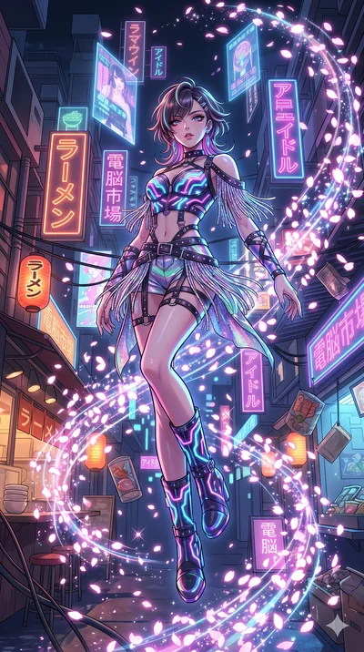 score_9, masterpiece, best quality, ultra-detailed, Set A: High-budget Anime Keyframe, Japanese woman. Low angle cowboy shot filling the entire 9:16 frame with her statuesque presence. Floating through a futuristic night market, as gravity fails and 