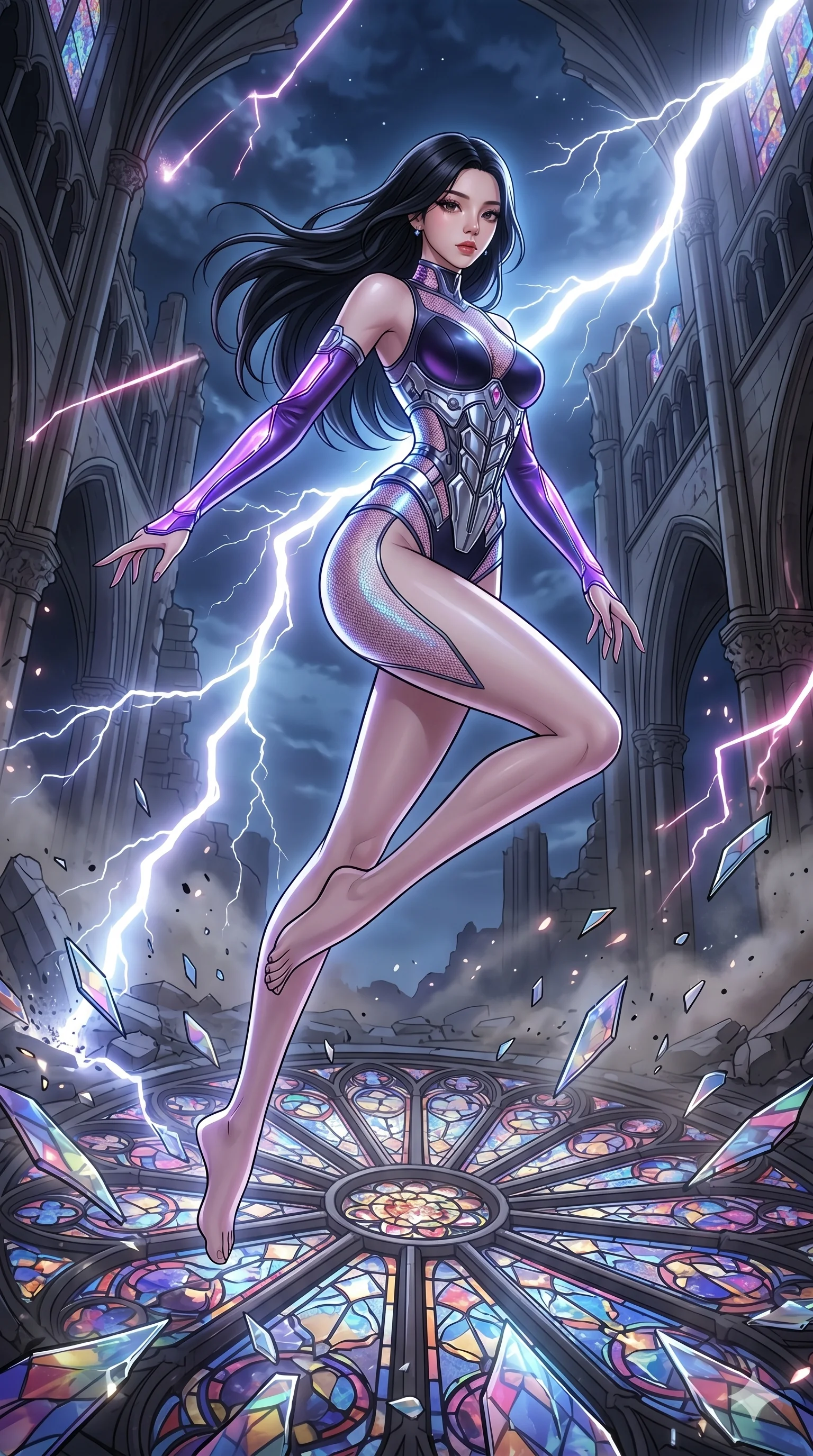 score_9, masterpiece, best quality, ultra-detailed, high-budget anime movie keyframe, cinematic anime lighting, intricate line art, Korean woman. Low angle cowboy shot filling the entire 9:16 frame with her statuesque presence. leaping gracefully in a shattered stained glass cathedral with lightning lasers. She has an absolutely perfect 8-heads proportion, an exceptionally tall and slender female figure with an ultra-slim waist and impossibly long slender legs. sharp v-shaped jawline, high-bridge nose, intricate jewel-like eyes, thick eyelashes, glossy lips. Wearing asymmetrical high-cut tech-bodysuit with detached glowing sleeves, chrome-plated mechanical corset, and bioluminescent mesh panels clinging to her slender figure. The scene is illuminated by dramatic atmospheric lighting and vibrant color palettes. , 2k, ultra detail, master piece, 9:16 ratio