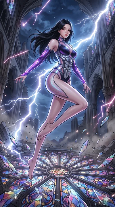 score_9, masterpiece, best quality, ultra-detailed, high-budget anime movie keyframe, cinematic anime lighting, intricate line art, Korean woman. Low angle cowboy shot filling the entire 9:16 frame with her statuesque presence. leaping gracefully in 
