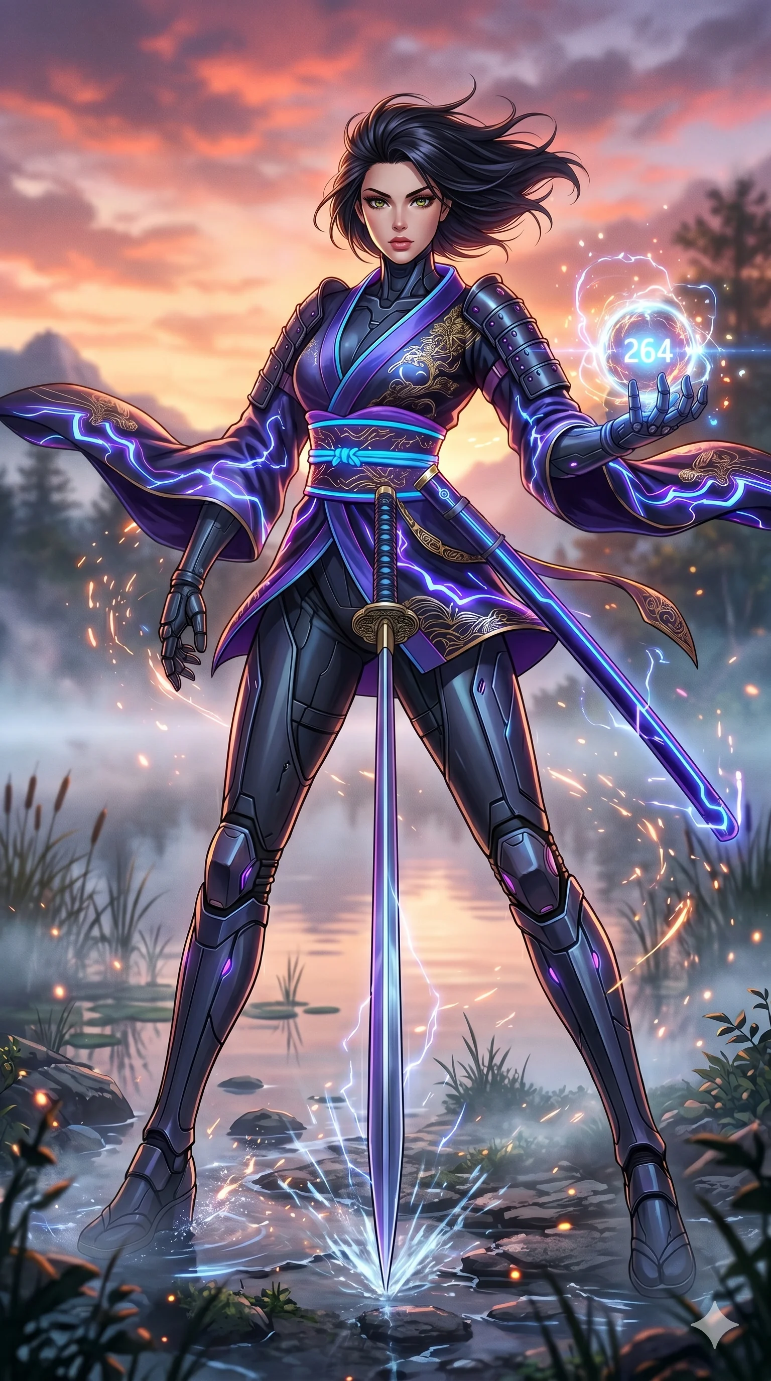 score_9, masterpiece, best quality, ultra-detailed, Set A: High-budget Anime Keyframe, Caucasian (strictly human ears) woman. Low angle cowboy shot filling the entire 9:16 frame with her statuesque presence. Drawing a blade through a misty lakeside at dawn, holding a relic that pulses with the frequency 264 and surrounded by glowing energy sparks. She has an absolutely perfect 8-heads proportion, an exceptionally tall and slender female figure with impossibly long slender legs and an ultra-slim waist. Sharp v-shaped jawline, high-bridge nose, intricate jewel-like eyes with depth, thick eyelashes, glossy lips with a natural sheen. Wearing Cyber-samurai gear with a short silk kimono and glowing neon katana sheath. Cinematic lighting, vibrant colors, dramatic shadows, 2k, ultra detail, master piece, 9:16 ratio