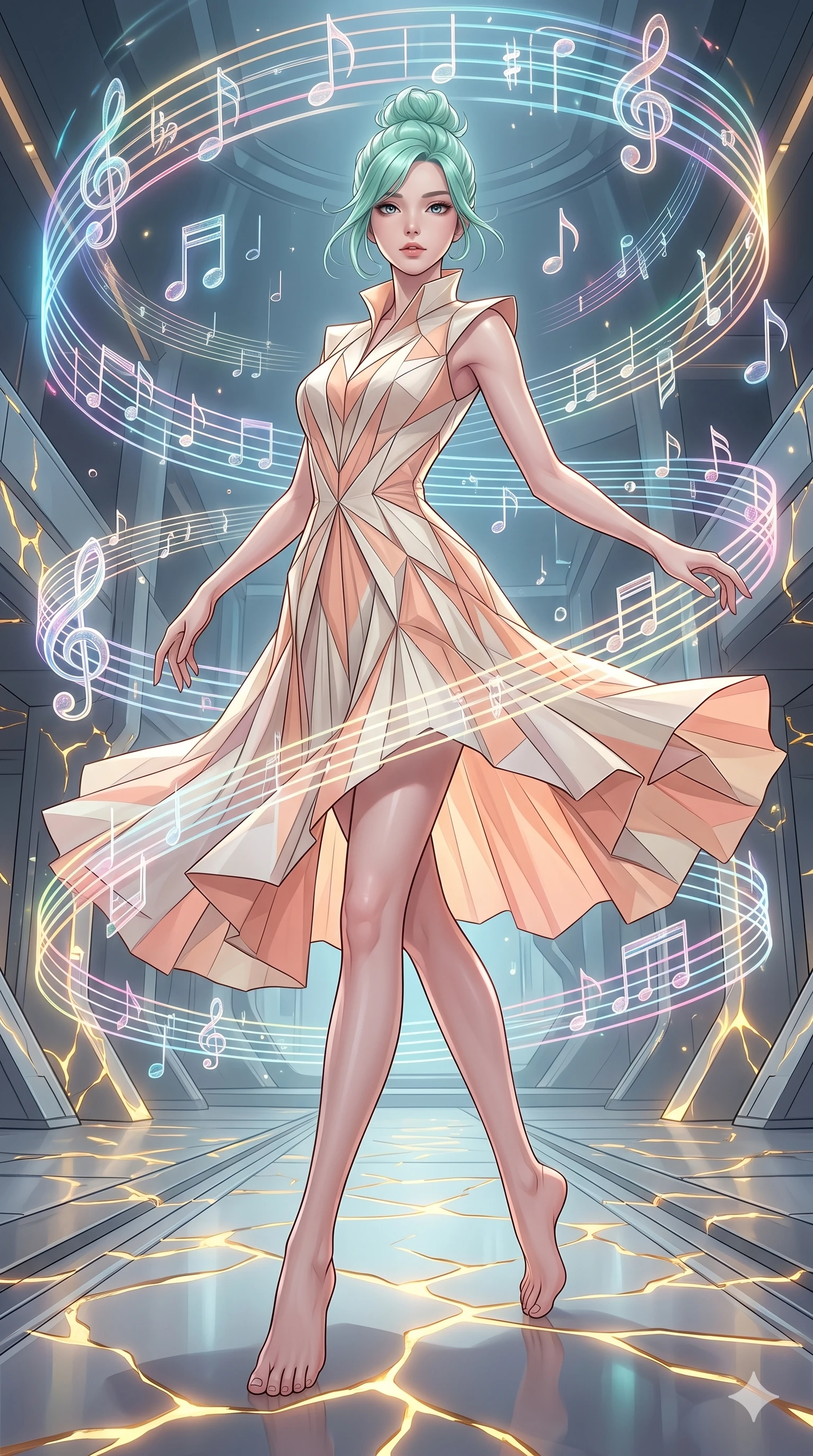 score_9, masterpiece, best quality, ultra-detailed, high-budget anime keyframe, editorial fashion photography, tasteful artistic composition, Japanese woman. low angle full-body shot from head to toe showing her feet, filling the entire 9:16 vertical frame with her statuesque presence, stretching her vertical silhouette. dancing with weightless grace through a futuristic concert hall where holographic musical notes materialize as glowing three-dimensional objects that orbit spiral and cascade through the air in luminous trails of sound made visible. She has a statuesque 8.5-heads proportion, an exceptionally tall, slender and willowy model-like build with impossibly long legs and a highly sculpted ultra-slim waist. sharp v-shaped jawline, high-bridge nose, intricate jewel-like eyes with depth, thick eyelashes, glossy lips with a natural sheen. wearing an architectural origami-fold midi dress in ivory and pastel peach, featuring geometric pleating and a structured standing collar. glowing kintsugi gold light radiating from cracks in the environment creating a majestic inner glow. 2k, ultra detail, master piece, 9:16 ratio