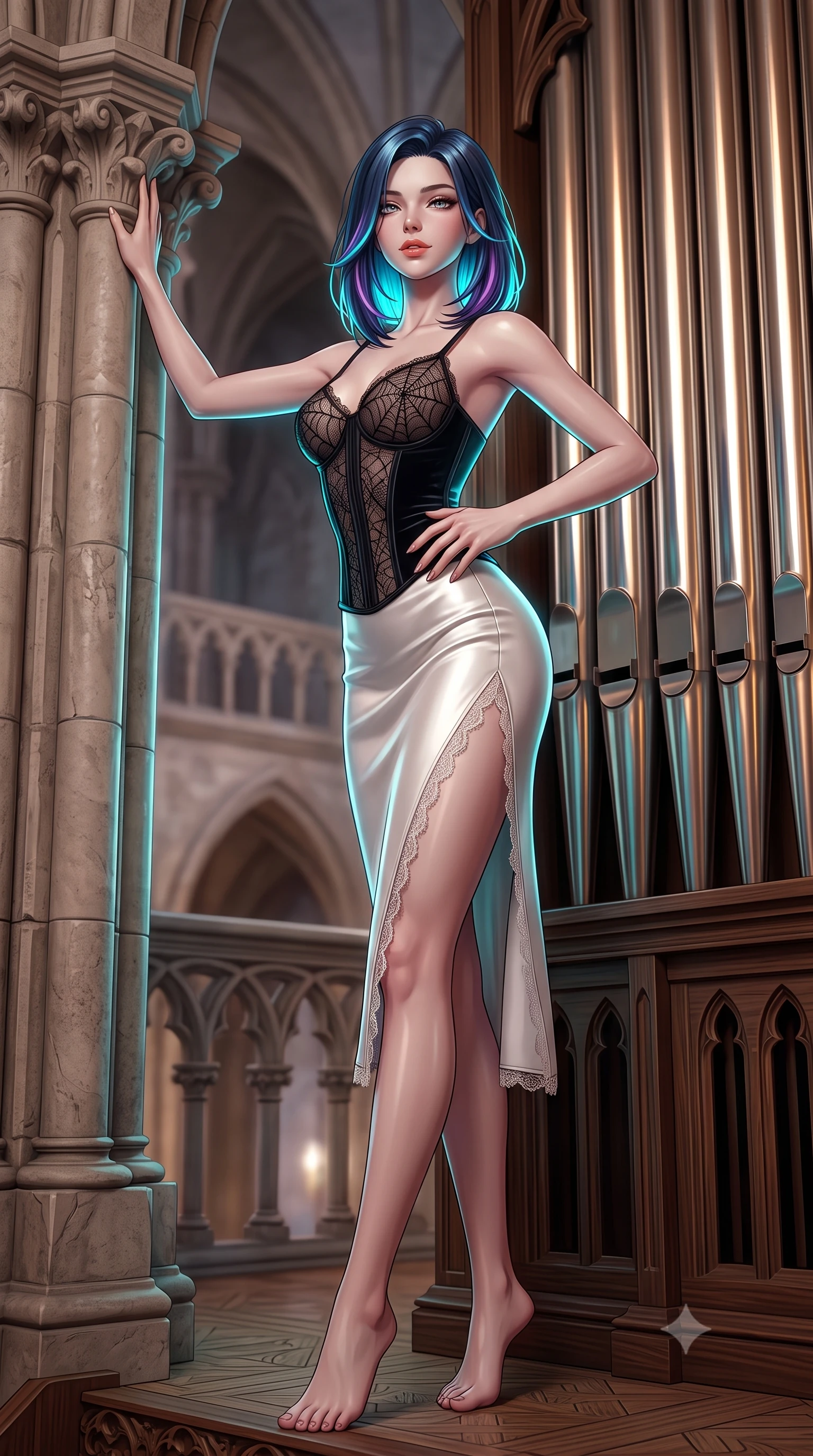 score_9, masterpiece, best quality, ultra-detailed, high-budget anime keyframe, semi-realistic 3D game render, editorial fashion photography, tasteful artistic composition, Caucasian woman. low angle full-body shot from head to toe showing her feet, filling the entire 9:16 vertical frame with her statuesque presence, stretching her vertical silhouette. standing tall beside the architectural column, one hand resting high while arching her lower back to emphasize her sculpted feminine hips and slender waist while standing poised on the organ gallery loft before the massive polished tin pipes, arching her back with dramatic gothic opera glamour. The background shows a soft-focus carved gallery balustrades softened in sacred gothic cathedral shallow focus. She has an absolutely perfect, statuesque 8.5-heads proportion, an exceptionally tall and slender model-like female figure with impossibly long slender legs, an ultra-slim waist, a flat toned midriff, narrow delicate ribcage, and beautifully sculpted feminine hips creating a graceful, slim hourglass silhouette without any bulky heaviness. sharp v-shaped jawline, high-bridge nose, sparkling eyes with hypnotic seductive depth, thick curled eyelashes, glossy parted lips with a natural dewy peach sheen, alluring bedroom-eyes with an enchanting coquettish smile, exuding magnetic siren charisma and sophisticated glamour, flawlessly proportioned anatomical accuracy, strict slender model proportions, natural body alignment, perfectly sculpted long slender limbs, ultra-slim waistline, clean dynamic posture without body distortion. wearing a plunging sweetheart-neckline boned velvet underbust corset over a sheer spiderweb lace camisole and high-slit satin skirt in pure pearl alabaster with liquid platinum sheen, crafted from fluid liquid silk satin that clings smoothly to every curve with a dewy sheen, finished with scalloped eyelash lace trim framing her sweetheart neckline with intimate elegance, the precision-cut side openings and low-back scoop framing her graceful spine and the sensual sweep of her slim, toned hips. illuminated by tin pipe specular reflections and sharp electric-cyan rim lights sculpting her jawline, narrow waist, and curvy hips. highly saturated vibrant anime colors, detailed shading with soft gradients, rich glossy textures, high-contrast stereoscopic depth, volumetric dynamic lighting, master piece, 9:16 ratio