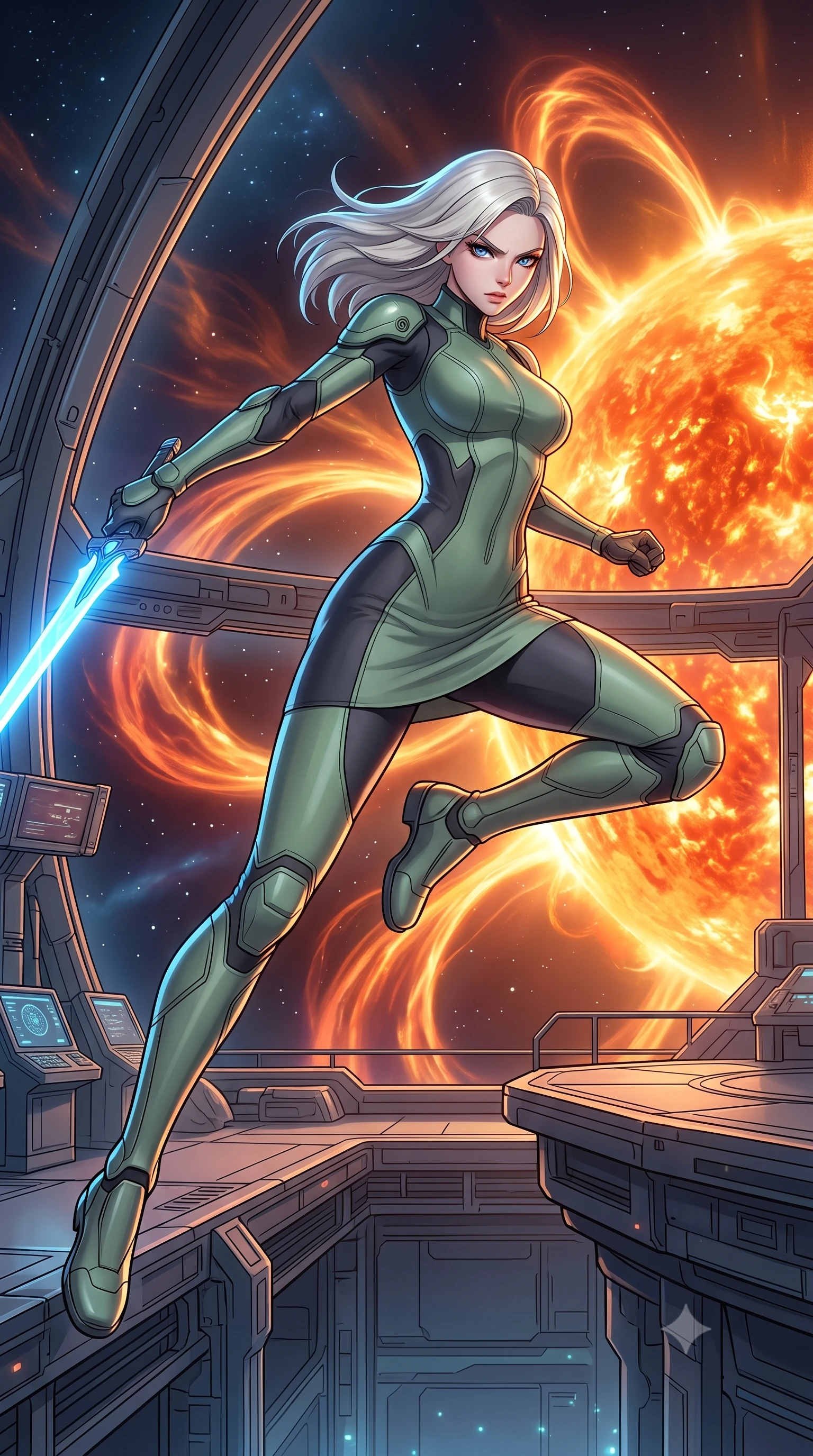 score_9, masterpiece, best quality, ultra-detailed, high-budget anime keyframe, editorial fashion photography, tasteful artistic composition, Caucasian woman, strictly human ears. low angle full-body shot from head to toe showing her feet, filling the entire 9:16 vertical frame with her statuesque presence, stretching her vertical silhouette. leaping aggressively down onto an enemy platform with her energy blade drawn to strike within a research platform close to a giant star, massive magnetic loops of solar plasma arcing into the space corona. She has a statuesque 8.5-heads proportion, an exceptionally tall, slender and willowy model-like build with impossibly long legs and a highly sculpted ultra-slim waist. sharp v-shaped jawline, high-bridge nose, intricate jewel-like eyes with depth, thick eyelashes, glossy lips with a natural sheen. wearing tailored for maximum mobility, sleek form-contouring panels that allow fluid movement, a form-contouring form-fitting athletic-cut knit dress in sage green and charcoal, with sculpted seams that trace her slender waistline. highly saturated vibrant anime colors, intense vivid color palette, soft 3D volumetric shading, volumetric dynamic lighting, soft glowing ambient light with sharp side key light tracing the sleek contours of her figure. 2k, ultra detail, master piece, 9:16 ratio