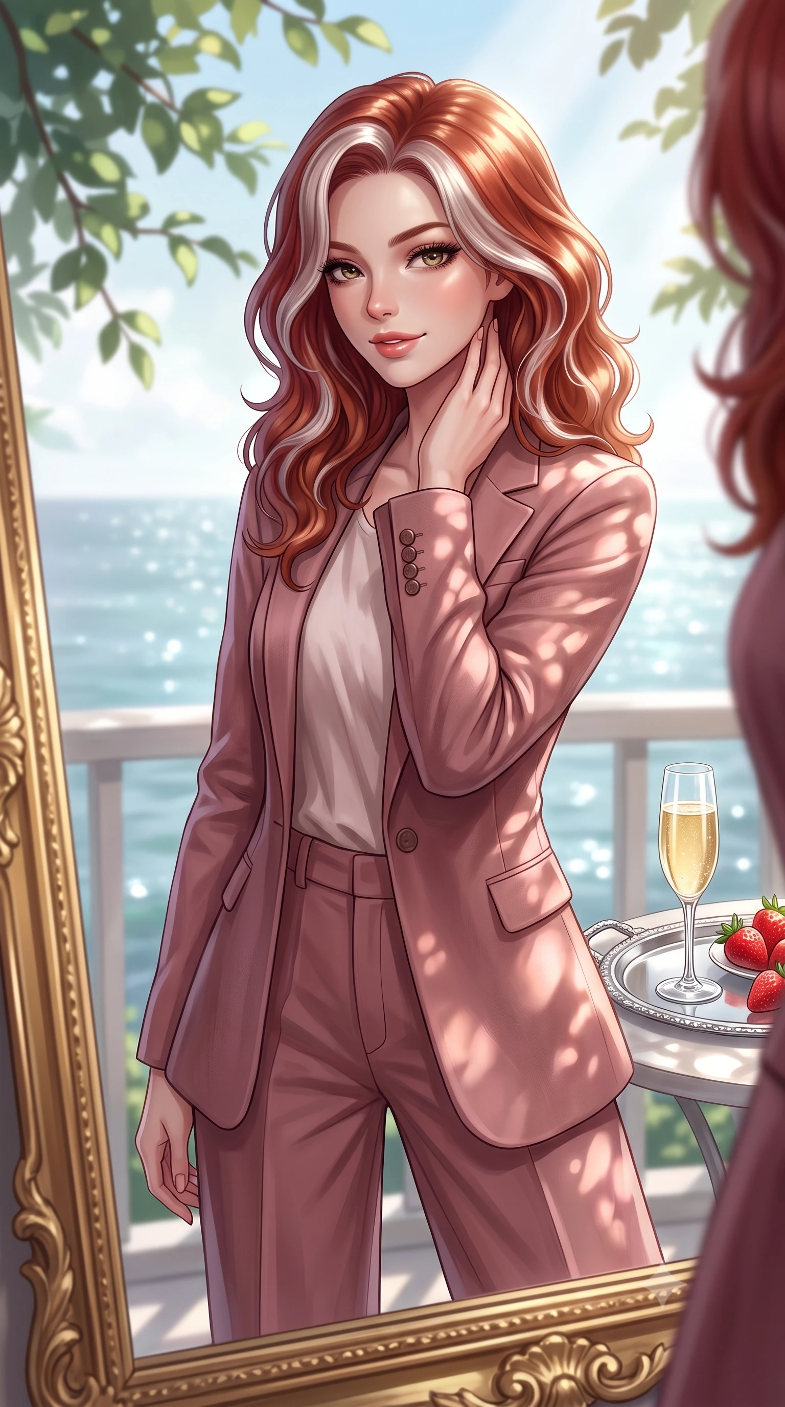 score_9, masterpiece, best quality, ultra-detailed, high-budget anime keyframe, editorial fashion photography, tasteful artistic composition, Caucasian woman. close-up cowboy shot from the waist and thighs up, the character dominates the composition, filling the frame with her large presence, background elements kept in soft focus. gazing into a gilded mirror reflection with a confident, sensual smile, tracing her neck contour set against a soft-focus background of inside an exclusive oceanfront balcony with a crystal glass of sparkling champagne and fresh strawberries on a silver tray. She has an exceptionally elegant, slender, and willowy female figure with an ultra-slim waist, a gracefully sculpted slender torso, and a refined silhouette. sharp v-shaped jawline, high-bridge nose, intricate jewel-like eyes with depth, thick eyelashes, glossy lips with a natural sheen. wearing form-contouring dusty rose soft linen tailored casual blazer paired with a loose tee and wide-leg trousers featuring refined tailored seams. highlighted by dappled sunlight filtering through leafy branches, creating soft organic patterns. highly saturated vibrant anime colors, detailed shading with soft gradients, rich glossy textures, high-contrast stereoscopic depth, volumetric dynamic lighting, master piece, 9:16 ratio