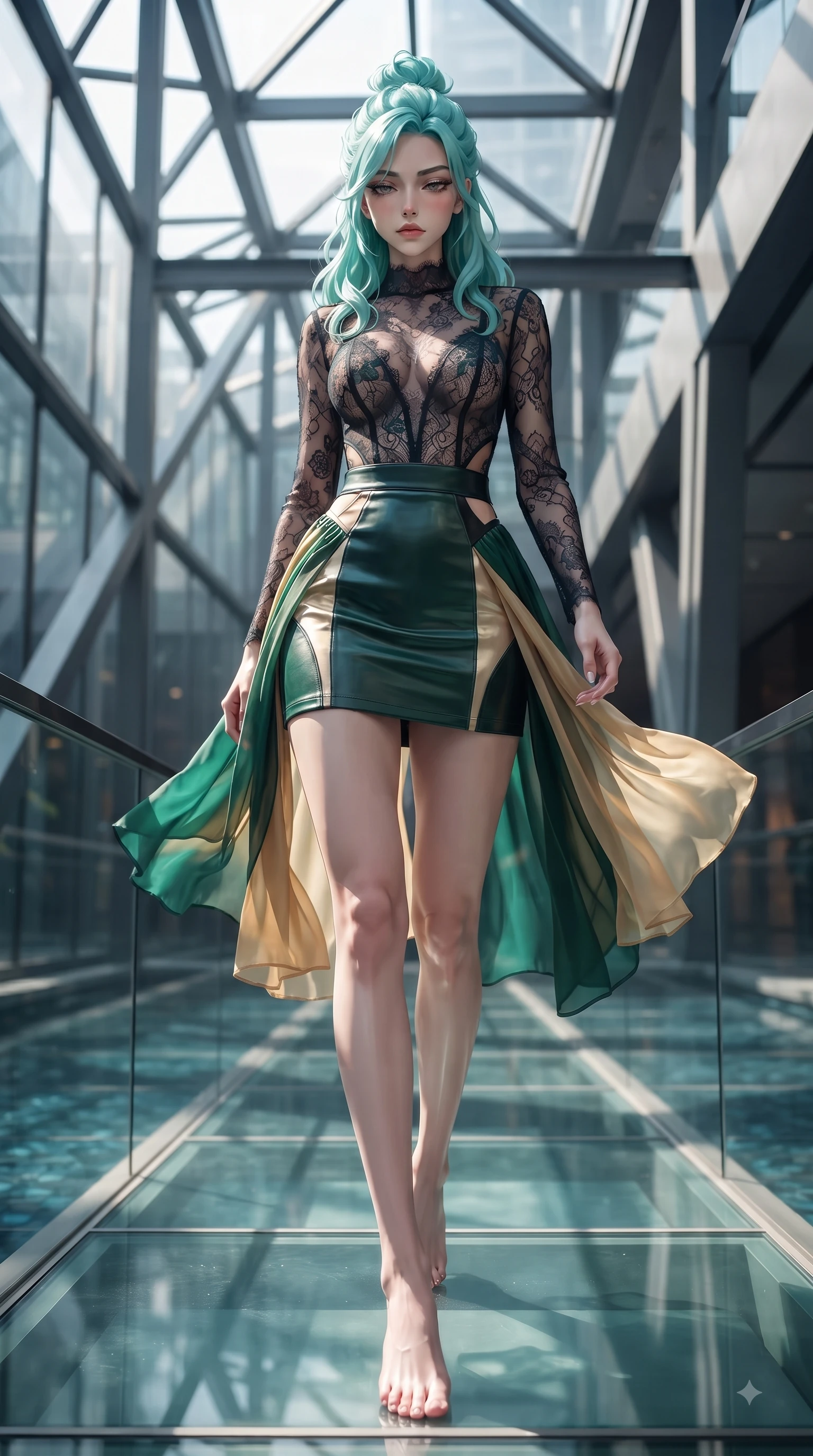 score_9, masterpiece, best quality, ultra-detailed, high-budget anime keyframe, editorial fashion photography, tasteful artistic composition, Japanese woman. low angle full-body shot from head to toe showing her feet, filling the entire 9:16 vertical frame with her statuesque presence, stretching her vertical silhouette. Indifferent cold glance casting a disdainful side-eye from beneath long dark eyelashes with aloof confidence while stepping gracefully along a glass bridge overlooking a sunlit indoor reflecting pool. The composition keeps background elements in soft focus with dreamy bokeh. geometric steel beams and glass panel reflections blurred into futuristic, ambient bokeh. She has an absolutely perfect, statuesque 8.5-heads proportion, an exceptionally tall and slender model-like female figure with impossibly long slender legs and an ultra-slim waist. sharp v-shaped jawline, high-bridge nose, intricate jewel-like eyes with depth, thick eyelashes, glossy lips with a natural sheen, flawlessly proportioned anatomical accuracy, natural body alignment, perfectly sculpted elegant limbs, clean dynamic posture without body distortion. wearing a sheer dark lace pattern bodysuit over a structured black leather mini skirt in deep emerald green and champagne gold, woven from fine lightweight chiffon fluttering gracefully, complemented by clean architectural seams and subtle cutouts, the sleek second-skin fit accentuating her magnetic presence. bathed in crisp, high-contrast sunlight filtering through geometric glass panes. ultra-reflective glossy finish, specular highlights, metallic sheen, high-contrast stereoscopic depth, volumetric dynamic lighting, 2k, ultra detail, master piece, 9:16 ratio