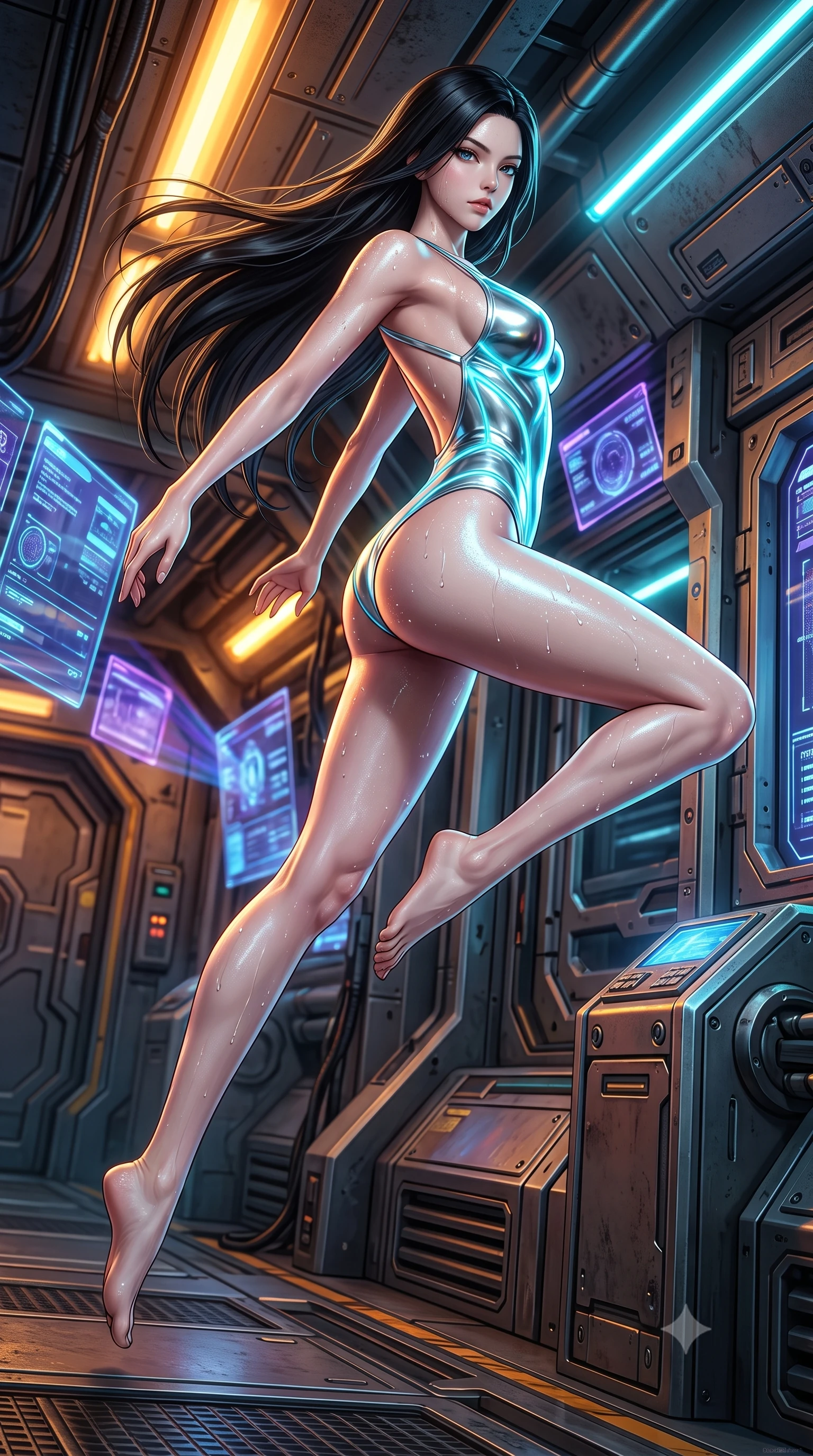 score_9, masterpiece, best quality, ultra-detailed, high-budget anime keyframe, semi-realistic 3D game render, editorial fashion photography, tasteful artistic composition, Korean woman. low angle full-body shot from head to toe showing her feet, filling the entire 9:16 vertical frame with her statuesque presence, stretching her vertical silhouette. leaping through mid-air with an athletic yet alluring arch of her spine, her impossibly long slender legs stretched in flawless poise while striding through an underground steel corridor as amber warning lights illuminate glistening perspiration. The surrounding environment is rendered in vivid detail and crisp panoramic clarity. crisp water and sweat droplet beads, glowing holographic display elements, and heavy bolt details in high clarity. She has an absolutely perfect, statuesque 8.5-heads proportion, an exceptionally tall and slender model-like female figure with impossibly long slender legs and an ultra-slim waist. sharp v-shaped jawline, high-bridge nose, intricate jewel-like eyes with depth, thick eyelashes, glossy lips with a natural sheen, flawlessly proportioned anatomical accuracy, natural body alignment, perfectly sculpted elegant limbs, clean dynamic posture without body distortion. wearing a liquid chrome micro-bodysuit sculpted tightly to her figure, featuring razor-thin metallic straps and an open back in liquid mercury silver and glowing electric cyan, tailored from semi-translucent cybernetic vinyl with glowing micro-filaments, accented with glowing fiber-optic seams tracing her collarbones and hip curves, the glove-like fit tightly following every curve of her statuesque athletic build. bathed in blazing amber sodium vapor lights and sharp electric cyan arena rim spotlights. highly saturated vibrant anime colors, detailed shading with soft gradients, rich glossy textures, high-contrast stereoscopic depth, volumetric dynamic lighting, master piece, 9:16 ratio